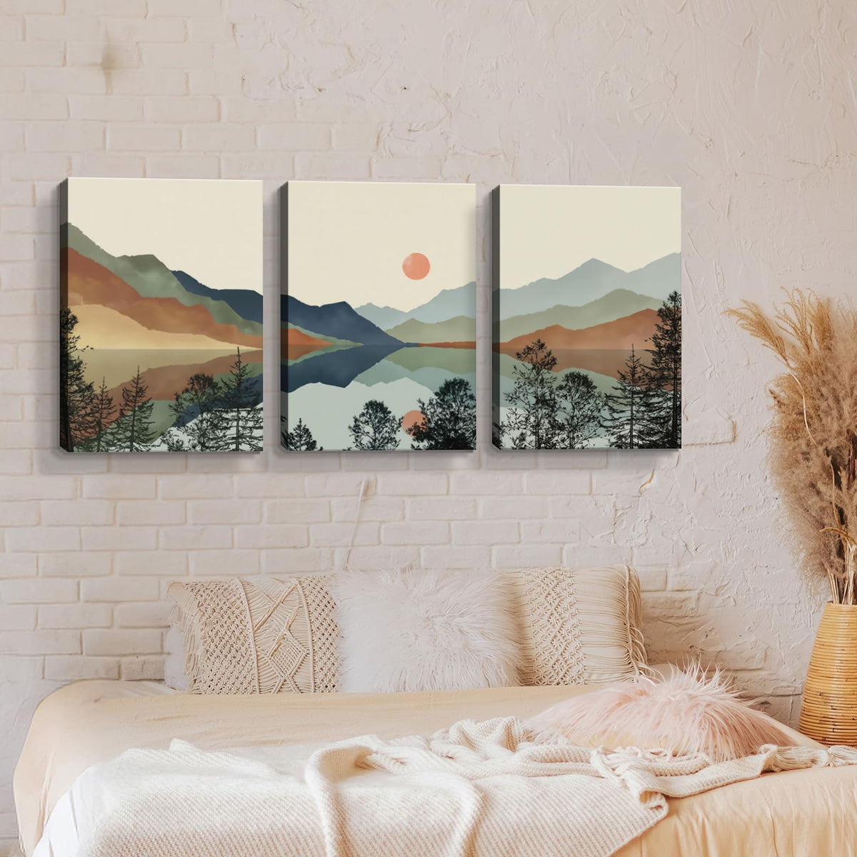 Framed Boho Mountain Landscape Wall Art Set of 3-Canvas Prints, with Sunset and Lake Pictures posters Modern Minimalist painting Living Room, Bedroom, Office Ready to Hang 16x24Inch