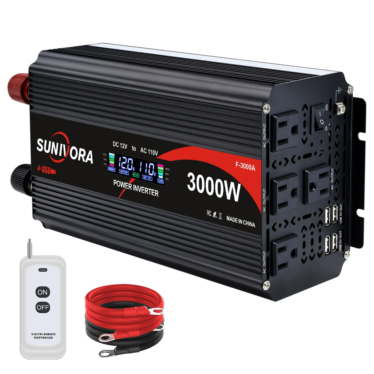 3000 Watt Power Inverter 12V to 110V/120V DC to AC Converter 6000W Peak, with Remote Control & LCD, 4 AC Outlets & 4 USB Ports Power Inverters for Vehicles Car Truck Boat RV Camping Solar System EPS