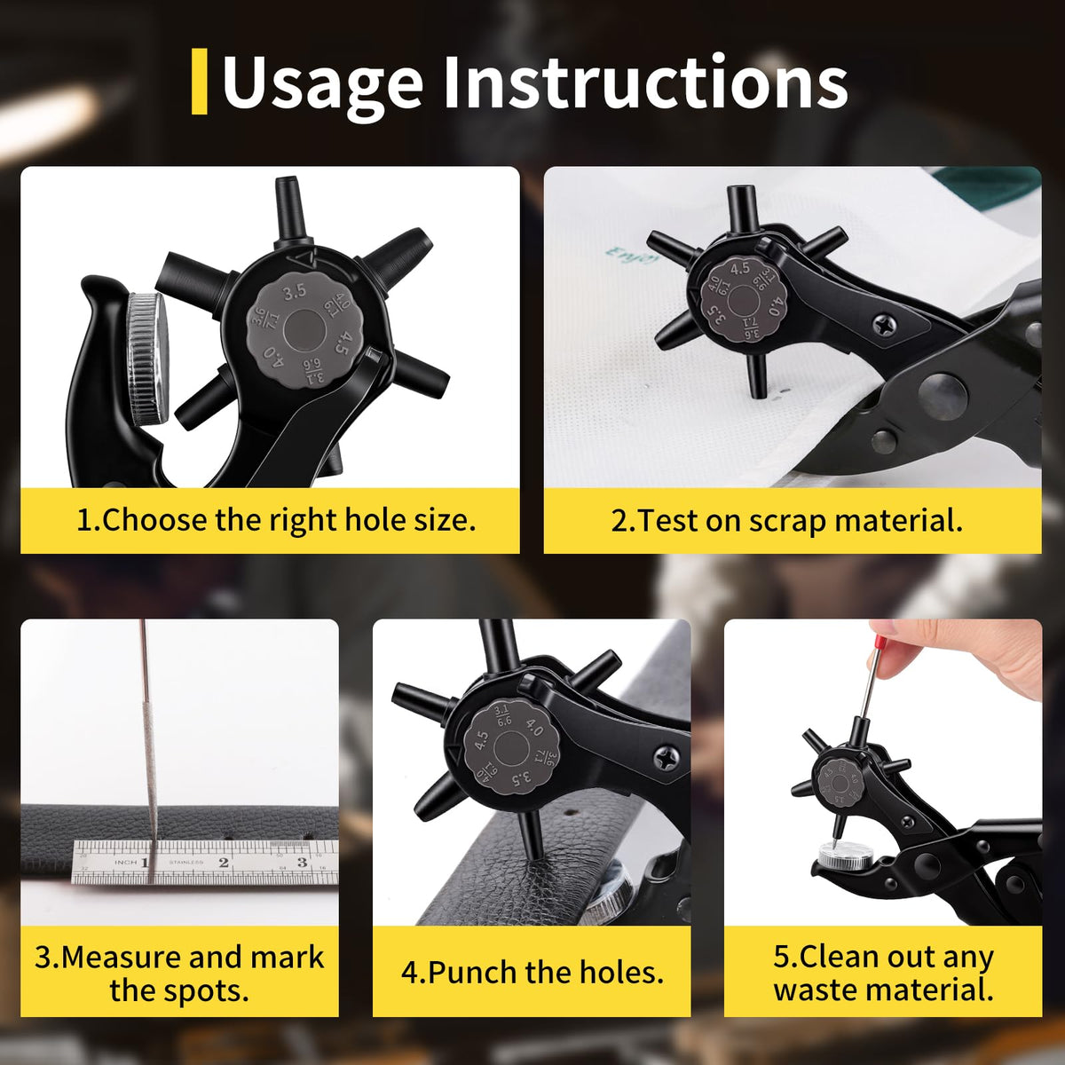 XOOL Round & Oval Leather Hole Punch Set, Upgraded Long Handle Revolving Punch Plier Kit for Belts, Watch Bands, Straps, Dog Collars, Saddles, Shoes, Fabric, DIY Home & Leather Craft Project