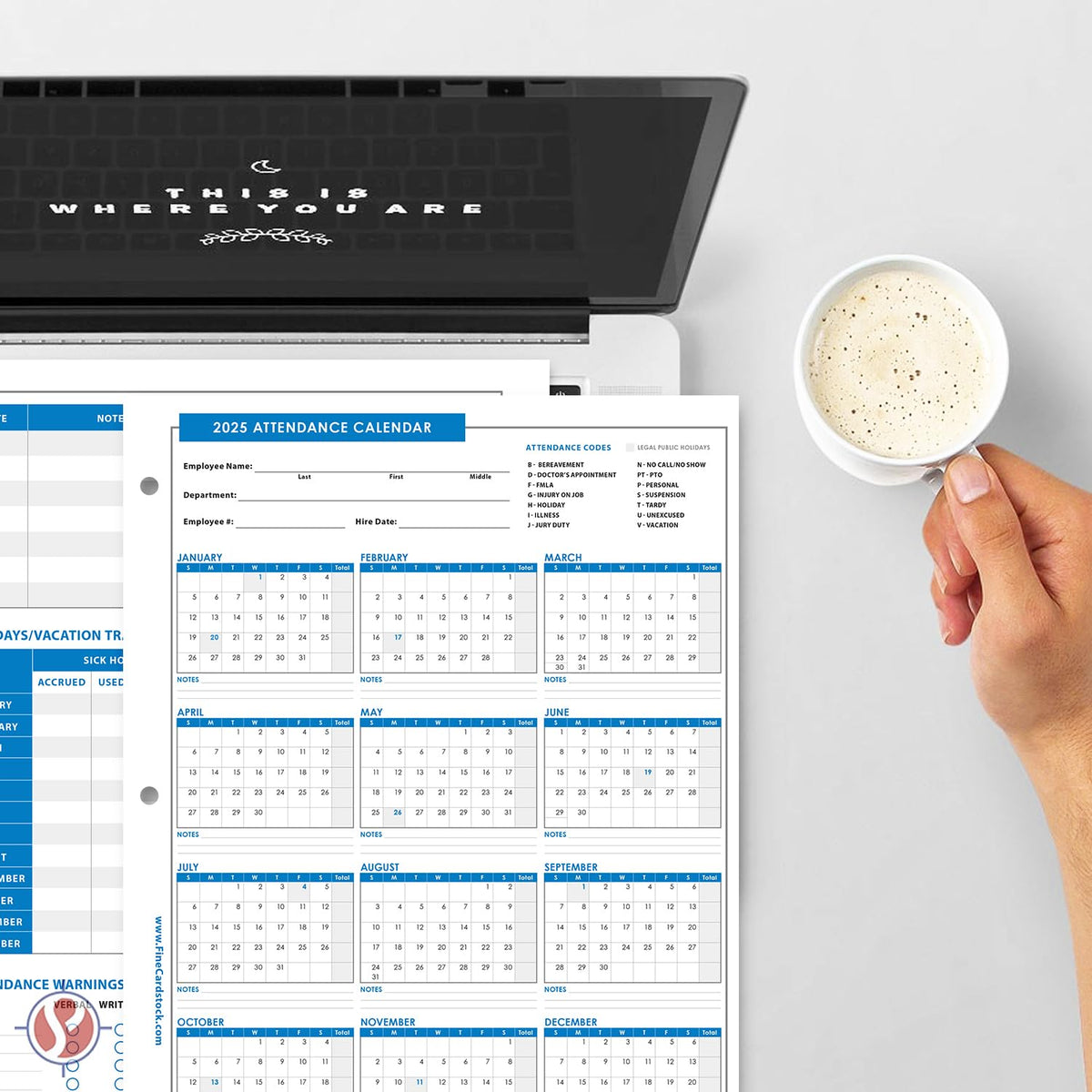 2025 Attendance Calendar Card Stock Paper – Great Employee Work Tracker | Printed on Durable and Thick 80lb (216gsm) Cardstock | 8 ½ X 11 | 25 Sheets per Pack