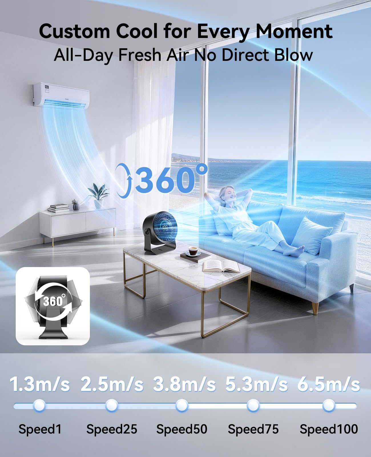 DIGIX Rechargeable USB Desk Fan for Bedroom, 100 Speeds, 360° Rotation, Wall Mounted Design Small Portable Table Fan with LED Display, Quiet Personal Desktop Cooling Fans for Home Office (Black)