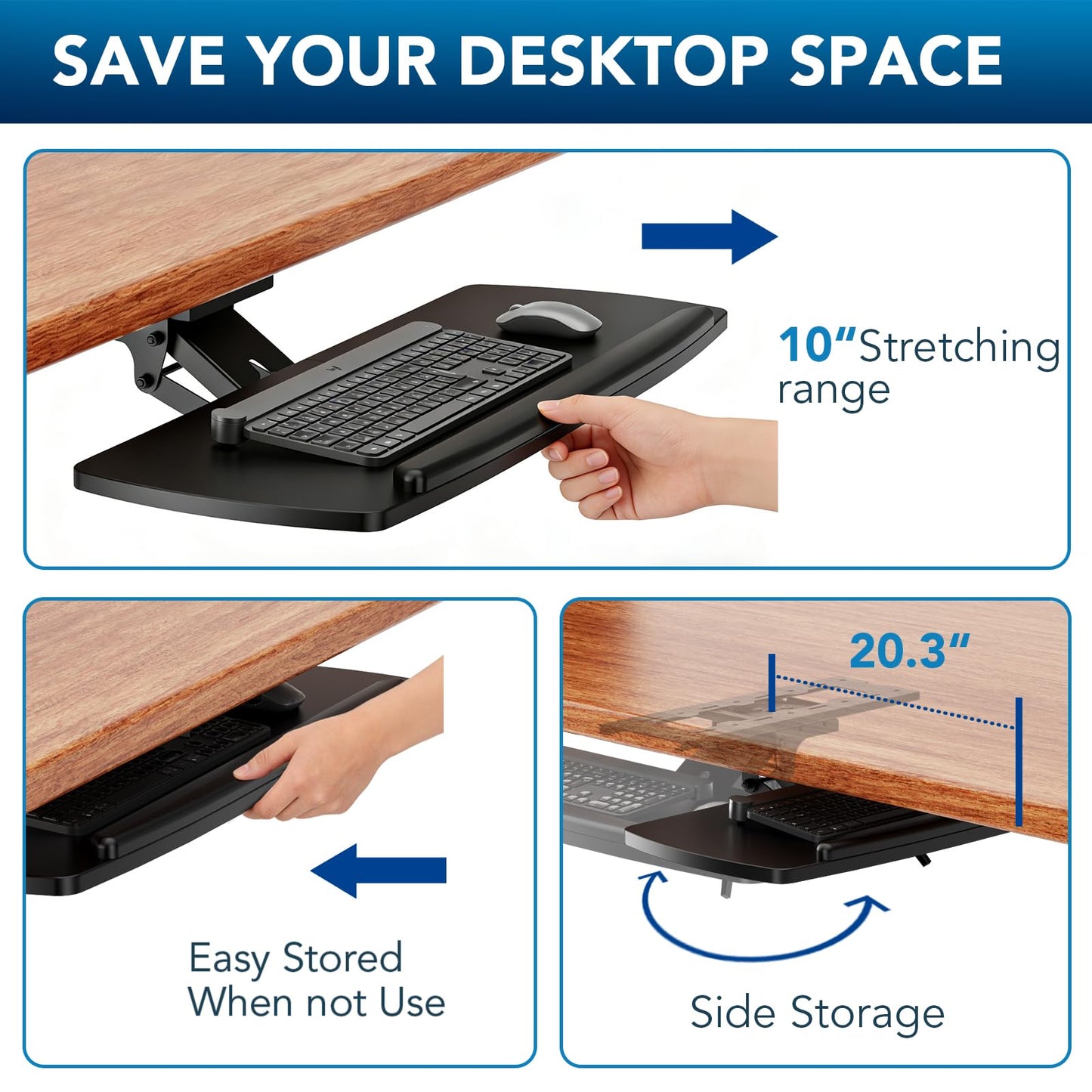 AX WABER Keyboard Tray Under Desk with Storage Drawer, Height Adjustable Keyboard Tray Slide Out 360° Swivel Tilt, Ergonomic Under Desk Mount Keyboard & Mouse Holder for Gaming Home Office, 28''x11''