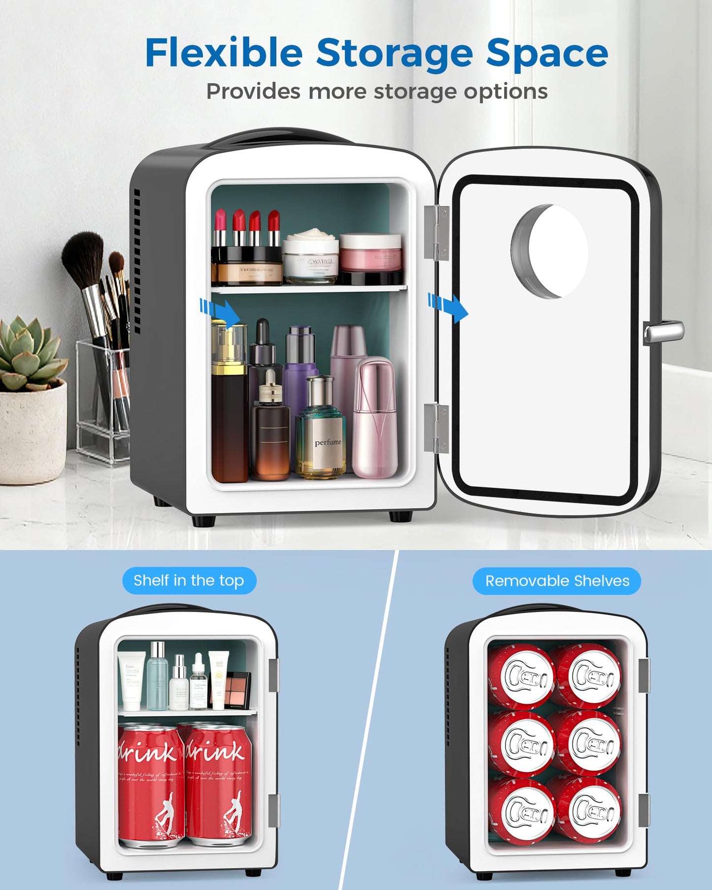 Electactic Mini Fridge for Bedroom, 4L/6 Cans Small Cosmetic Fridge for Skincare, Makeup & Drink, With Observation Window, Portable Desk Fridge Cooler and Warmer for Kids, Car, Office, Dorm, Black