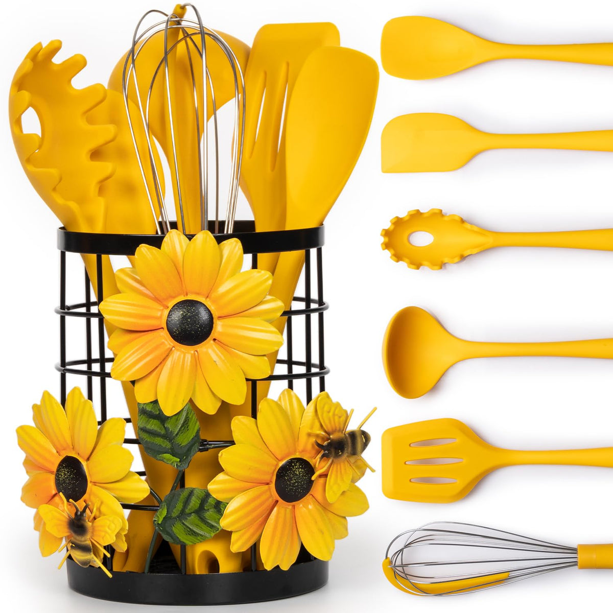 Sunflower Utensil Caddy with Silicone Cooking Utensils Set 6PCS, Canister Holder Sunflower Kitchen Decor and Accessories Theme Set Counter Yellow Kitchen Decor Country Crock Organizer Gifts for Women