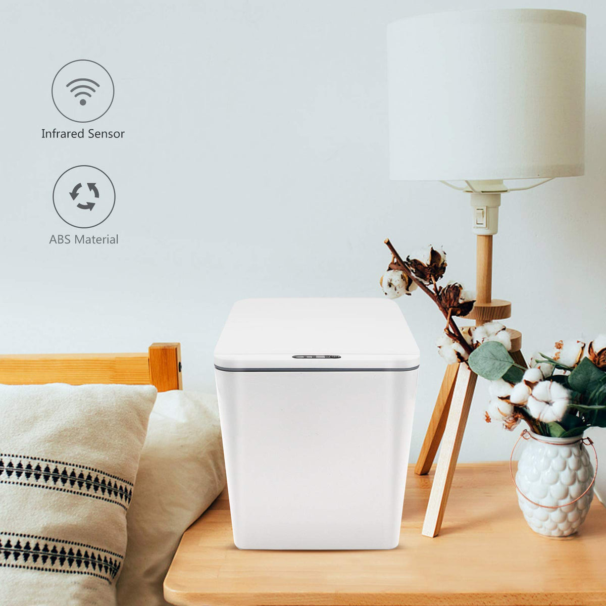 FEBHBRQ Automatic Small Countertop Trash Can with Lid, 1.5 Gal/6L Toucheless Mini Waste Bin for Office Desk/Bedside Table/Coffee Bar -Batteries, White