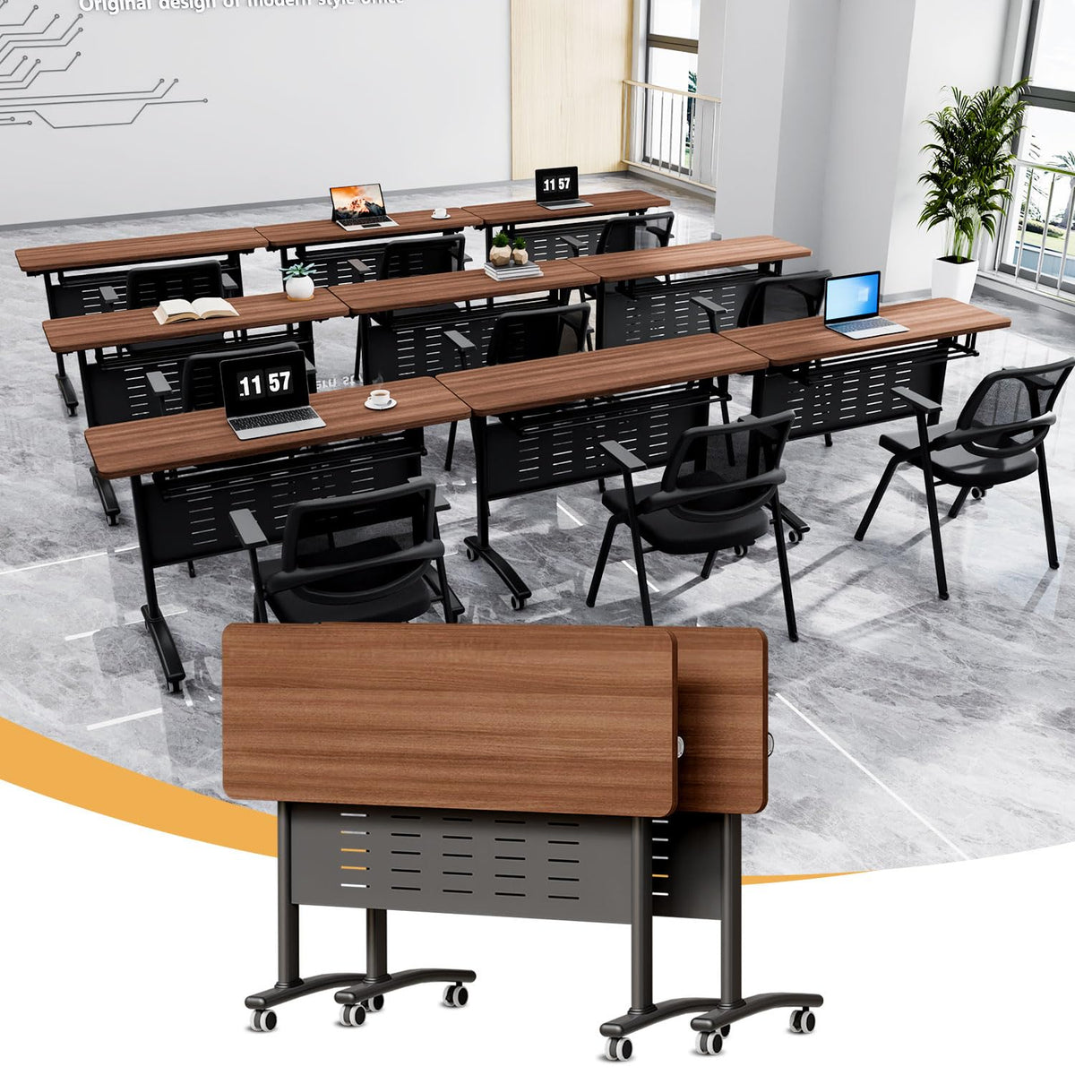 Folding Conference Room Table, Modern Conference Tables with Wheels for Office Classroom,Flip-Top Training Table Water-Resistant P2 Particle Board & Anti-Corrosion Alloy Frame (2, Walnut-Small, 47.2)