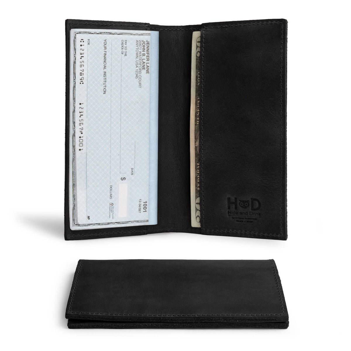 Hide & Drink, Checkbook Cover, Minimalist Organizer for Personal or Business Finances, Bill Holder, Full Grain Leather, Handmade, Charcoal Black