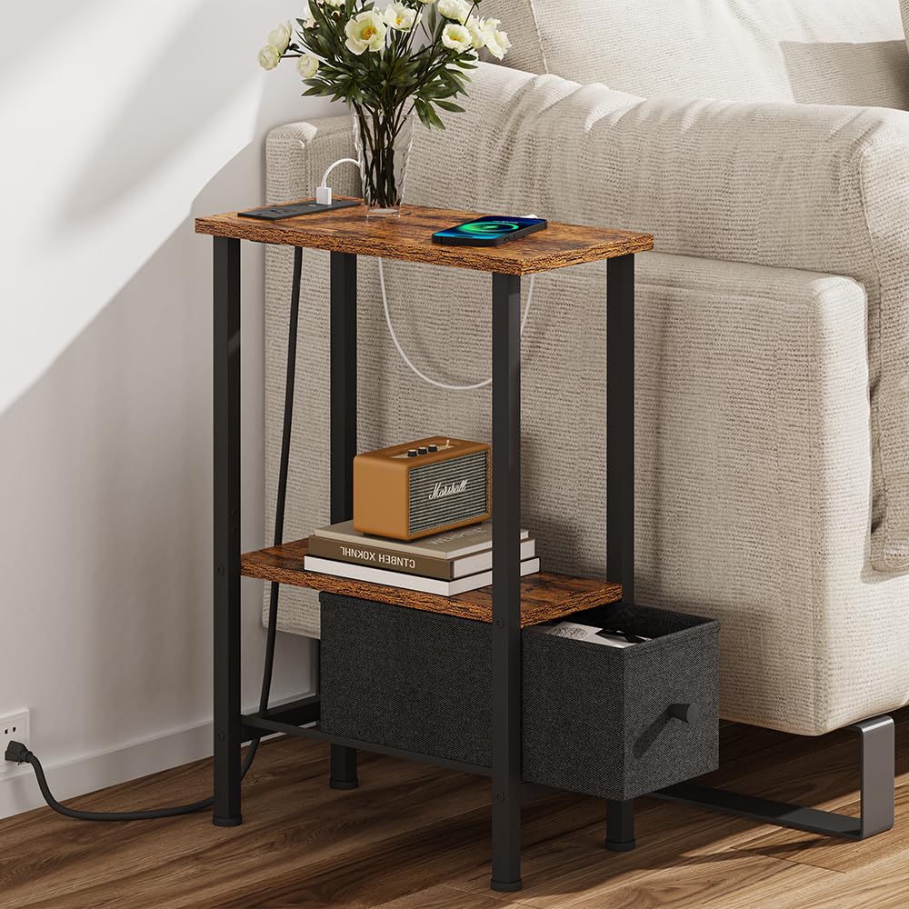 VIMBER Narrow Side Table for Small Spaces, Skinny End Table with Charging Station, Sofa Beside Table with 1 Drawer 1 Open Compartment, Slim Nightstand with USB Ports Outlet, Rustic and Brown
