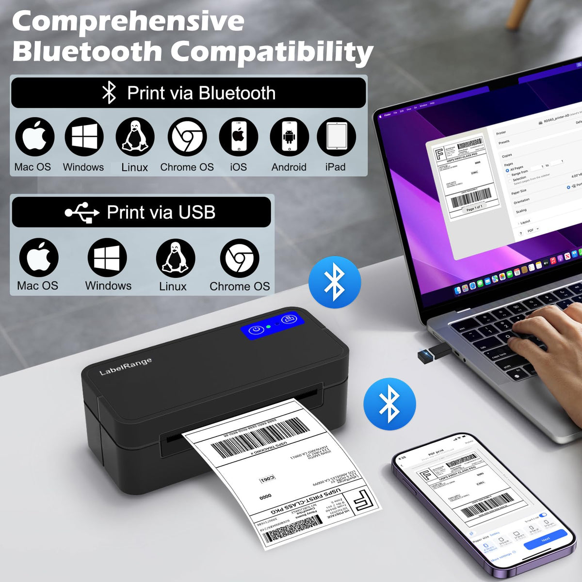 Bluetooth Thermal Label Printer for Mac, Windows, Phone, Tablet, Wireless 4x6 Shipping Label Printer for Shipping Packages, Support USPS, Amazon, Pirate Ship, Shopify