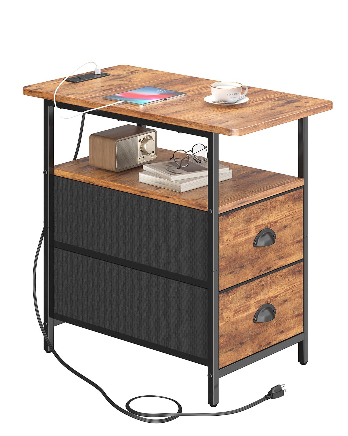 sthmec End Table with Charging Station, Narrow Side Table with 2 Drawers, Nightstands with Drawers, USB Ports & Power Oulets,Slim Sofa Side Tables for Small Spaces,Livin Room,Bedroom,Rustics Brown