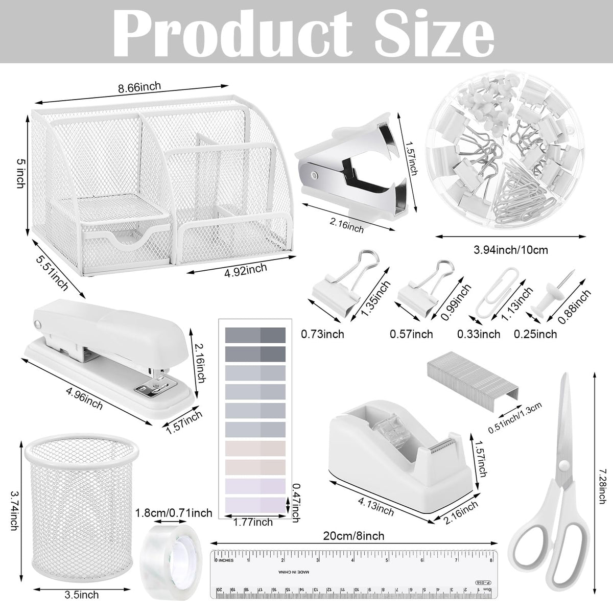11 in 1 Desk Organizers and Accessories - White Office Supplies - Includes White Stapler, Tape Dispenser, Pen Holder, Staple Remover, Clips, Ruler, Scissors, Tapes, Tabs