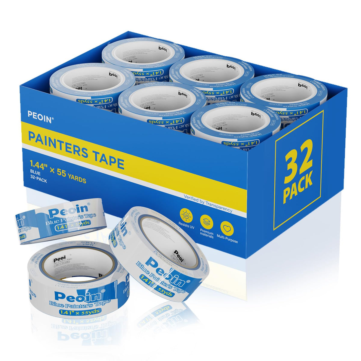 Peoin Blue Painters Tape 1.5 Inch Bulk, 32 Roll Painting Tape Blue Masking for Painting Wall DIY Edge, Paint 1.41 Inch 55 Yards X 32 Rolls 1760 Total Yards