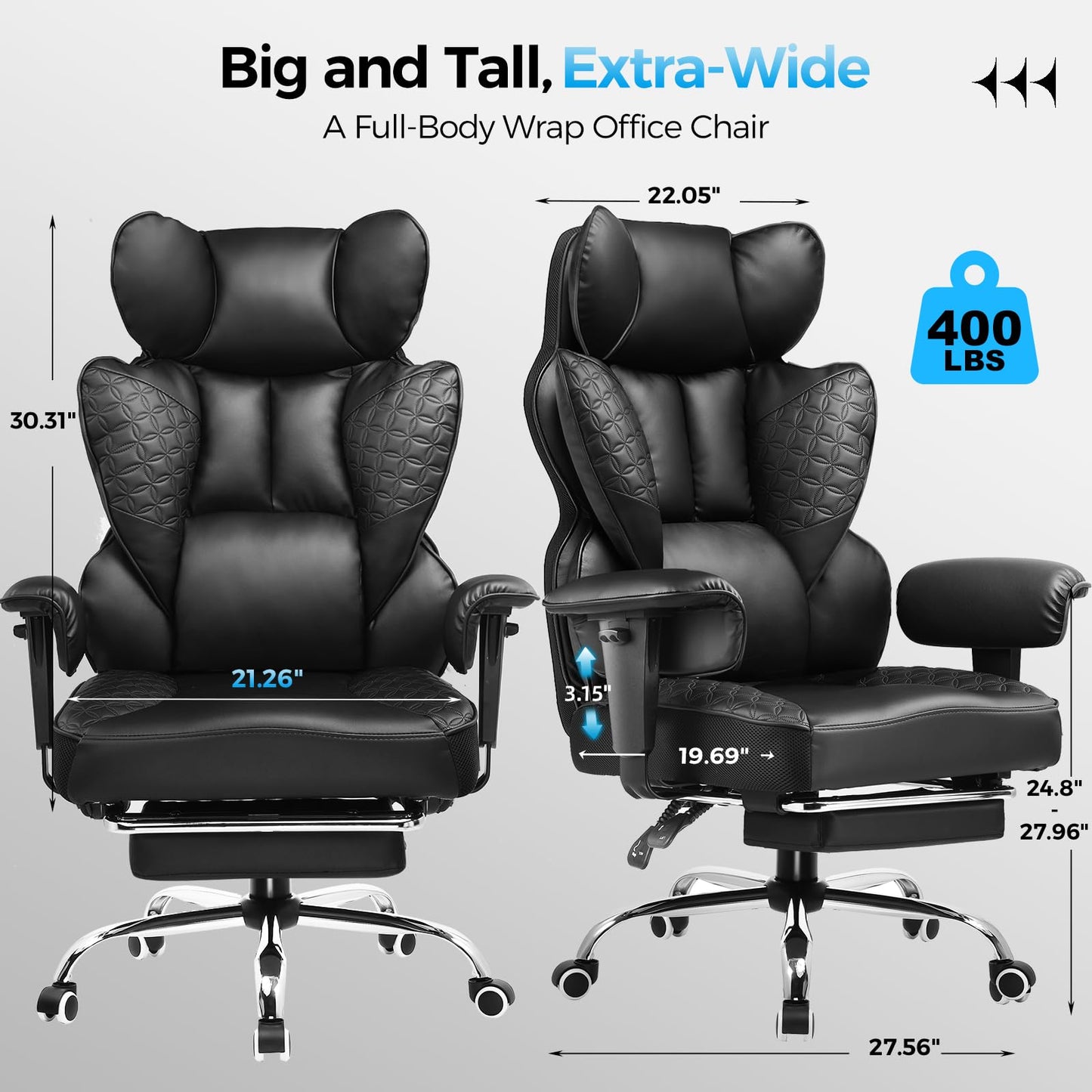 GTPLAYER Big and Tall Gaming Chair 400lbs Heavy Duty Office Chair with Foot Rest & Ergonomic Pocket Spring Lumbar Support, High Back 3D Saddle Shaped Cushion for Back Pain Relief, Matte-Black