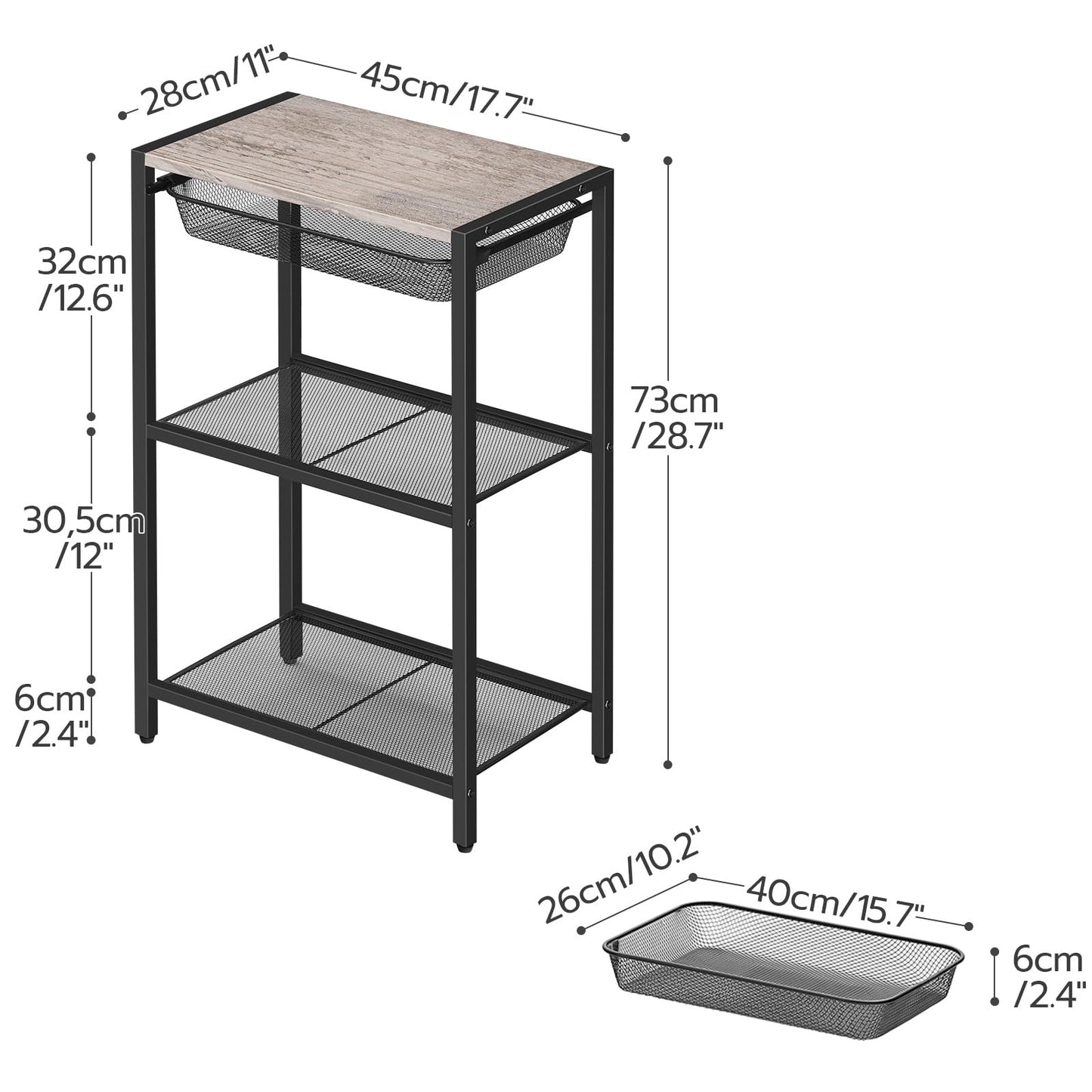 HOOBRO 28.7 Inch Tall Side Table, 3-Tier Industrial Telephone End Table with Adjustable Metal Mesh Basket, Desk Side Table with Storage Shelves, for Living Room, Bedroom, Office, Greige BG06DH01