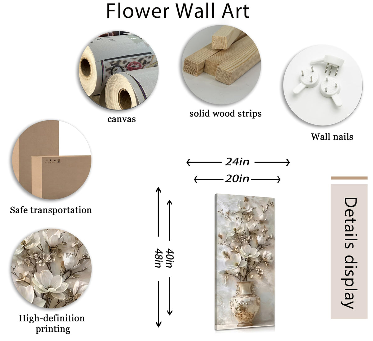 Large White Floral Canvas Wall Art Gold Vase Flower Painting Picture Wall Decor Flowers Botanical Poster Print Artwork for Living Room Bedroom Hallway Office