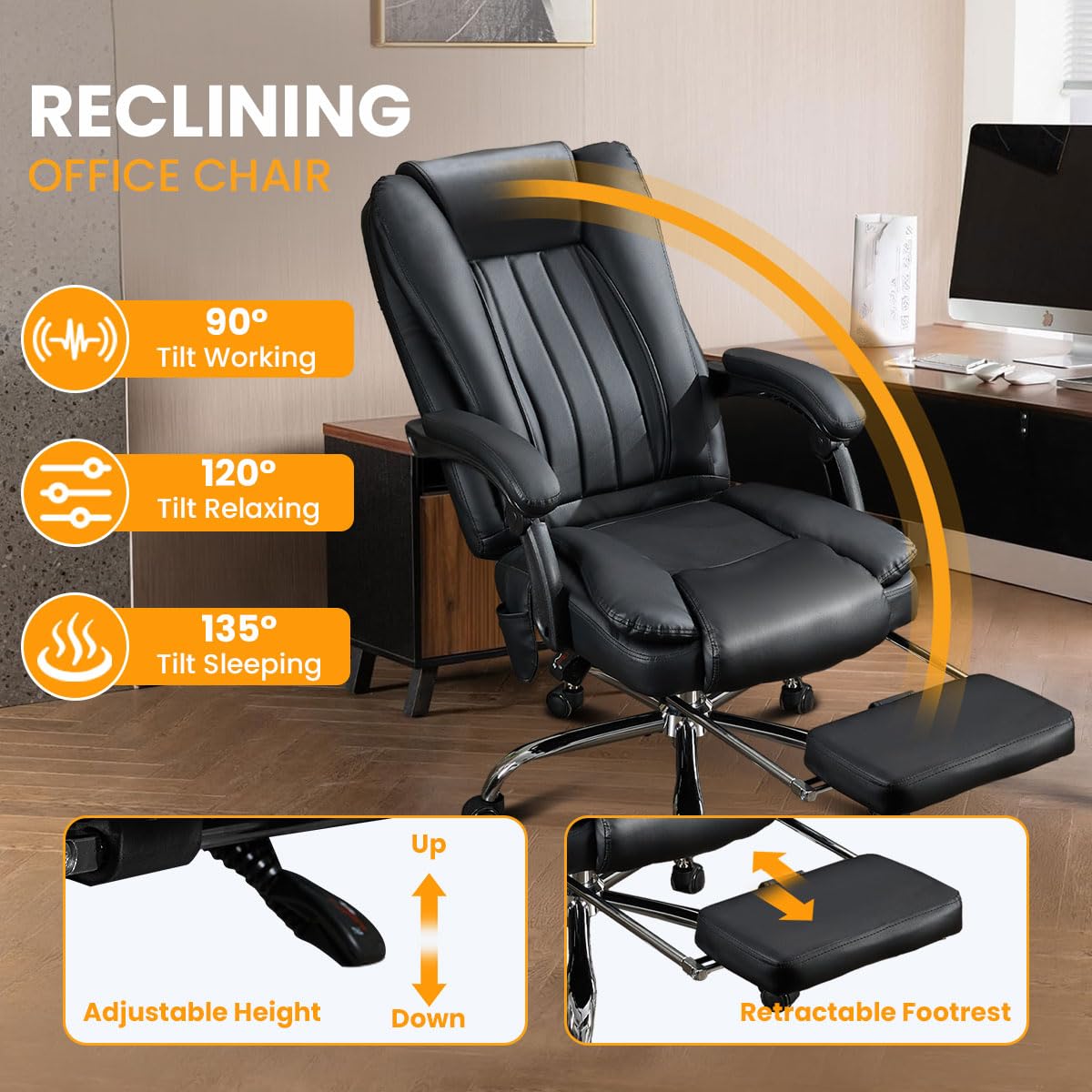 6 Points Vibration & Heat Massage Office Chair with Foot Rest,500lbs Big and Tall Office Chairs,Ergonomic Reclining Desk Chair for Home Office,Gaming