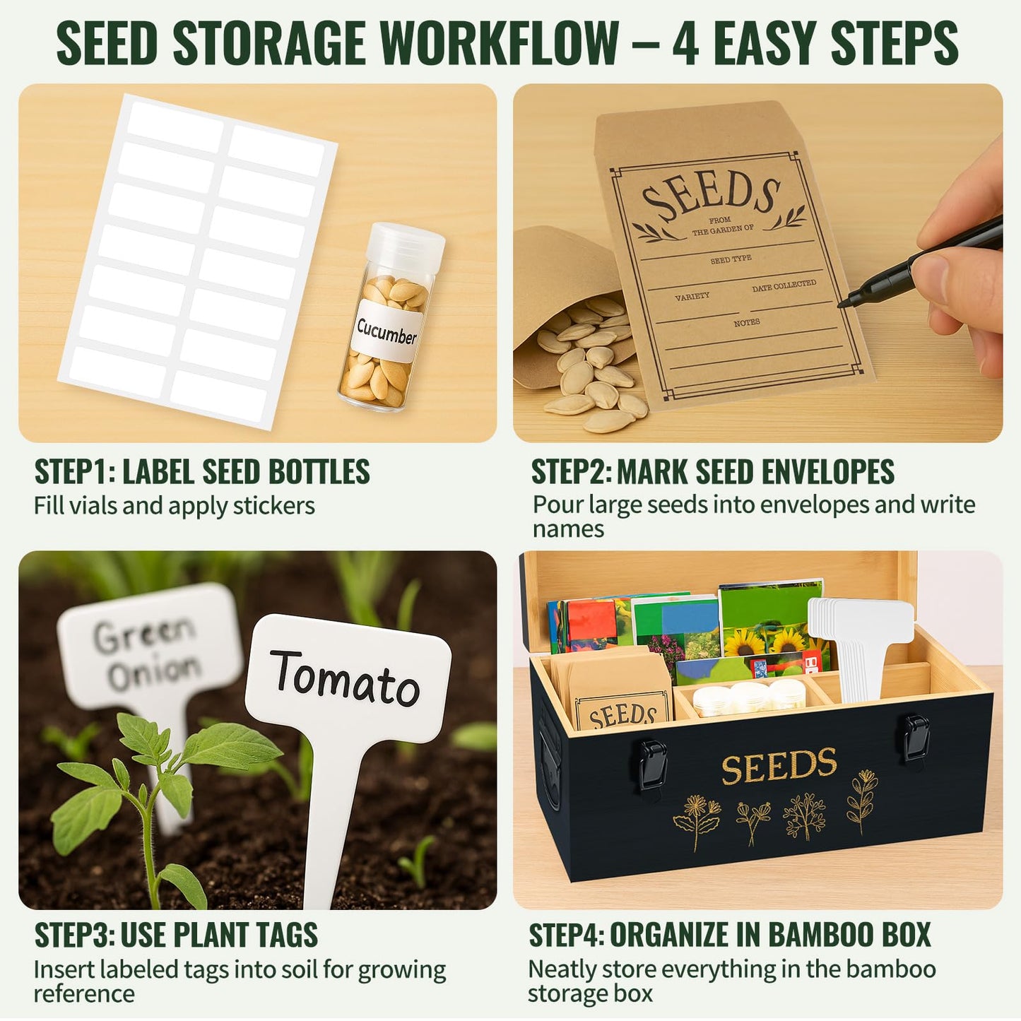 Large Bamboo Wood Seed Storage Organizer Box with Lid, Double-Layer Seal Design Seed Saving Box with Premium Coated Safety Lock, Handles, Extra Seed Envelopes and Labels, Great Gifts for Gardener