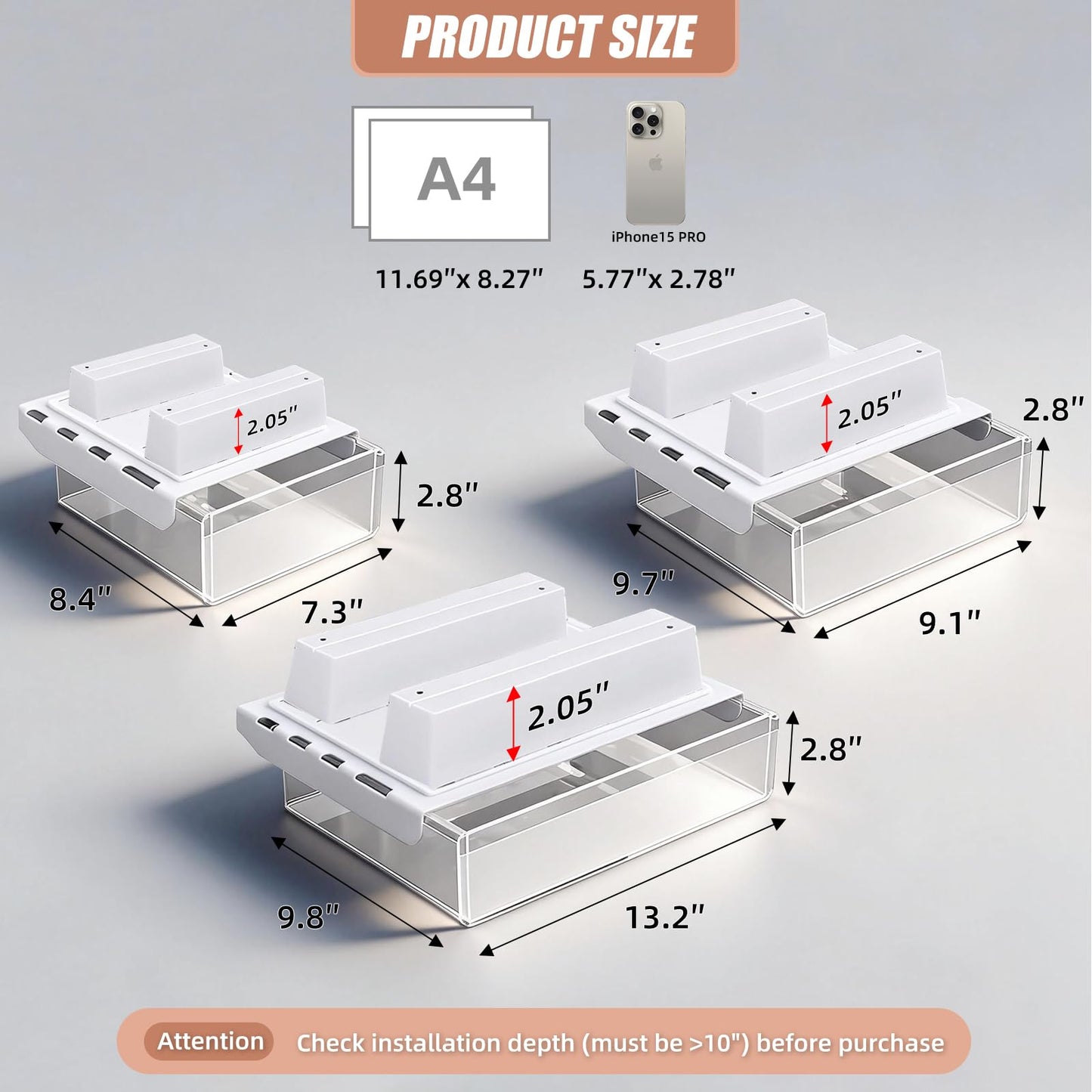 TooCust 3-Pack Under Desk Drawer for Desk with Frame & Beam, Fits Where Standard Drawers Can't, 52mm Heightened Slide Out Organizer, Dual Adhesive or Screw Mount, Clear PET Under Table Storage