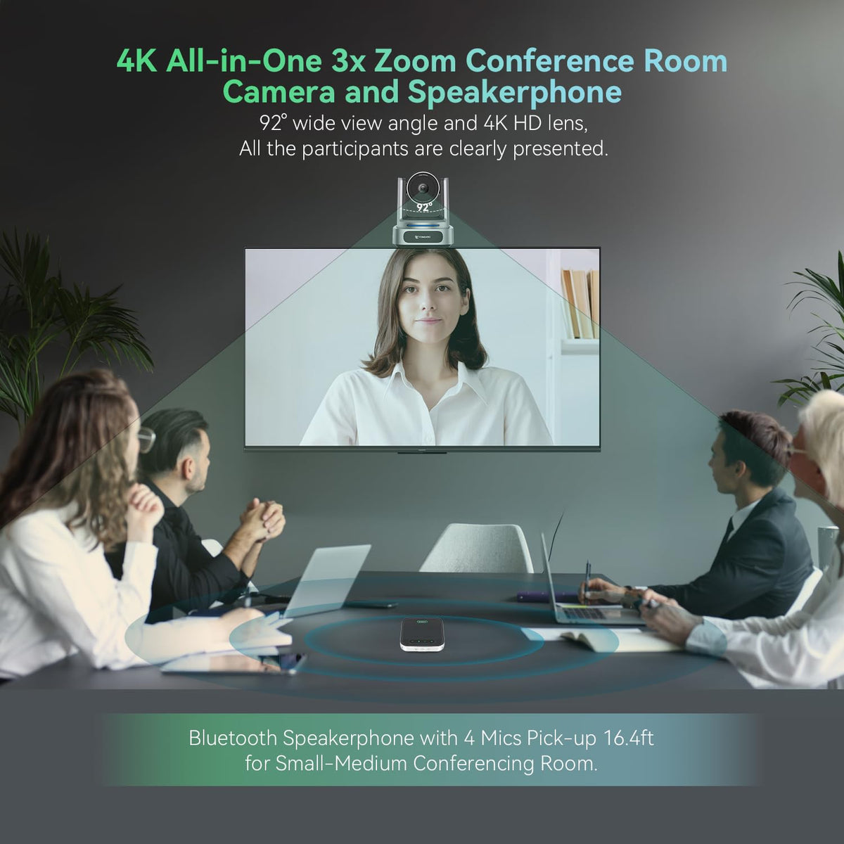 4K Conference Room Camera System, AI Auto-Tracking 4K PTZ Camera 3x Optical Zoom 92° Wide-Angle and Bluetooth Speakerphone 16.4FT Voice Pickup for Conferencing Worship Church Education Medical