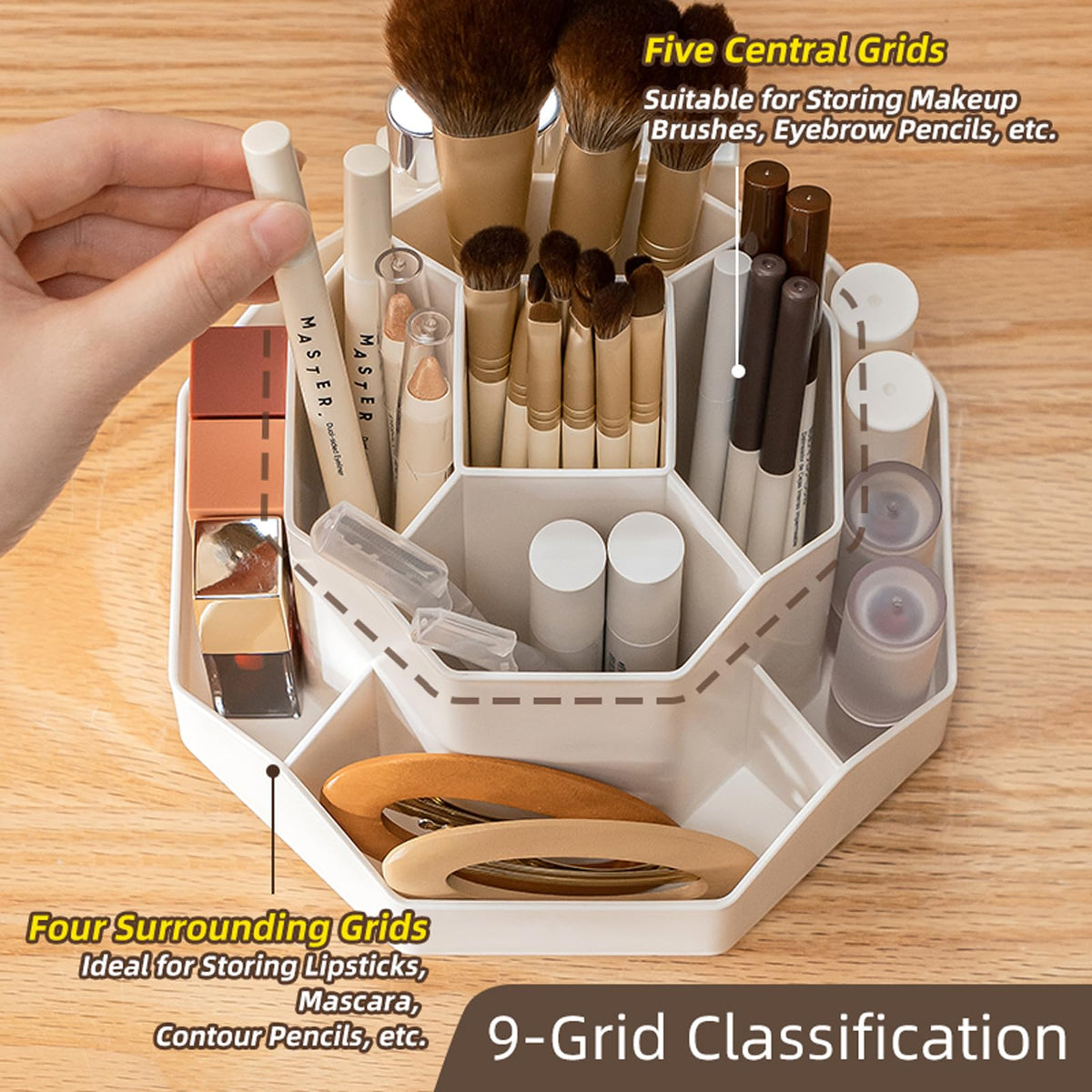 TNDCKP 360° Rotating Makeup Brush Holder Organizer with 9 Slots, Makeup Organizers Countertop, Makeup organization and Skincare Storage for Vanity, Desktop, Bathroom (WHITE)