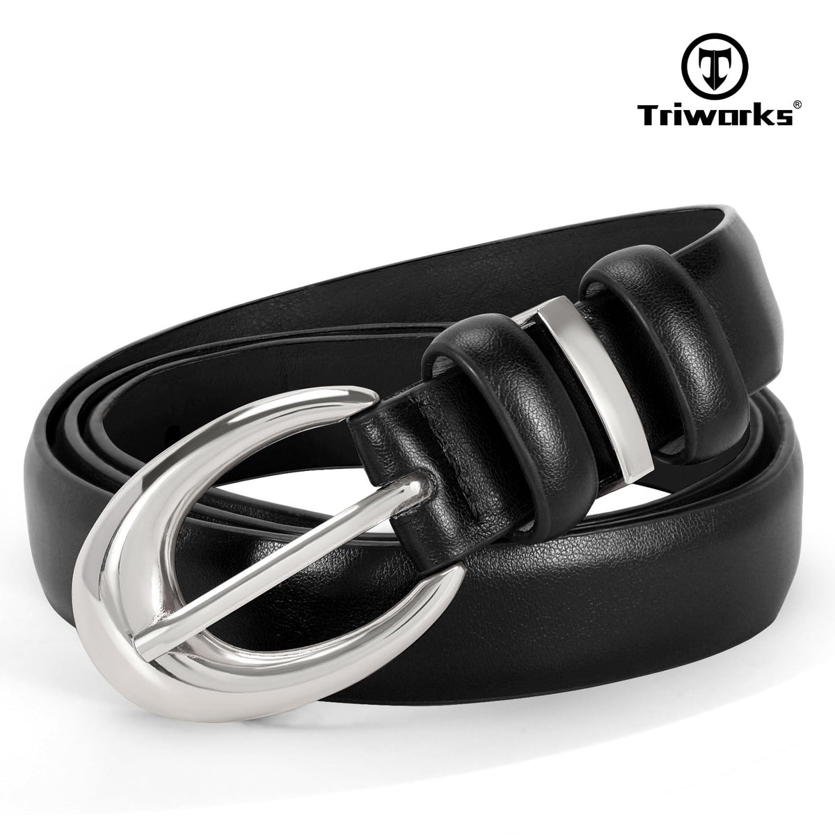 TRIWORKS 2 Pack Women Leather Belt for Jeans Pants Fashion Ladies Skinny Faux Leather Belt with Silver Buckle