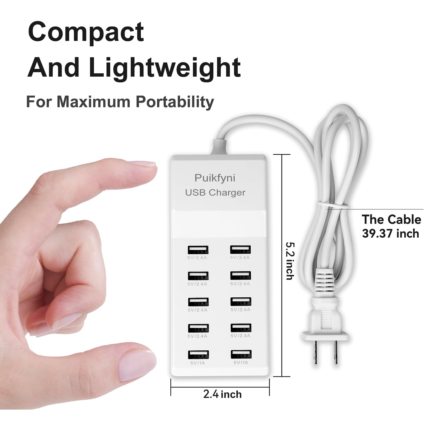 10-A Port USB Charger Station, smart Multiple Charging Block/USB Power Strip for Multiple Devices,Mobile Phones and iPads,Smart Watches Tablets (White)
