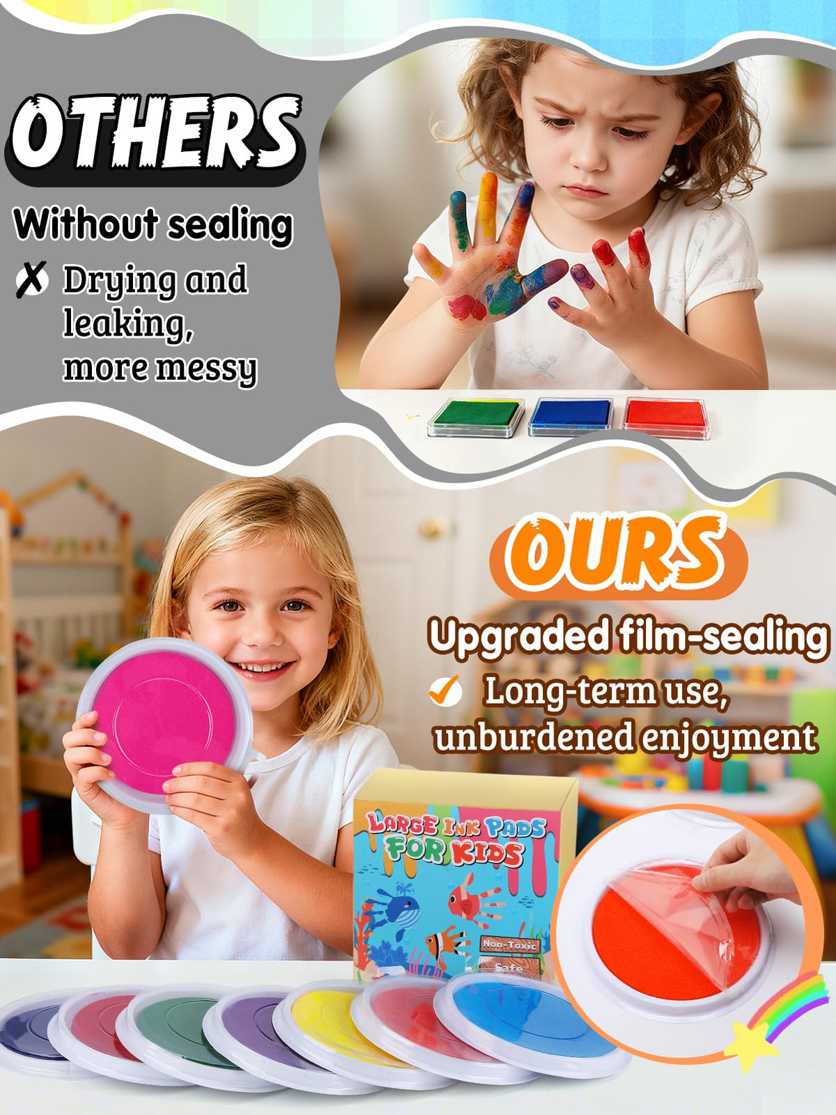Large Washable Ink Pads for Kids - 7" Ink Pad for Handprint Footprint Toddler Finger Paint, 8 Vibrant Colors Stamp Pad Set for Card Making/Preschool Crafts/Birthday Gifts