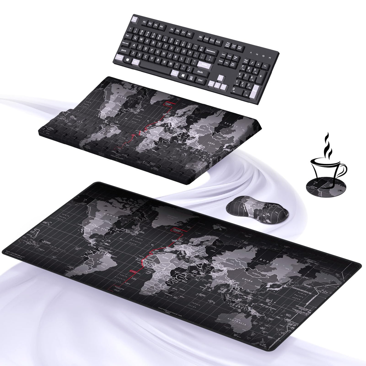 Ospelelf Ergonomic Mouse Pad and Keyboard Stand Wrist Rest Pad Set with Large Mousepad, Memory Foam Comfort, Premium Office Desk Accessories for Pain Relief and Efficiency, Black Map