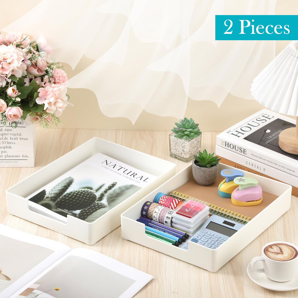 Cinnvoice 2 Pcs Letter-Size Desk Tray, Stackable Plastic Paper Holder, A4 Paper Tray Organizer for Office, School, Home Storage, Multi-use File & Document Organizer(White)
