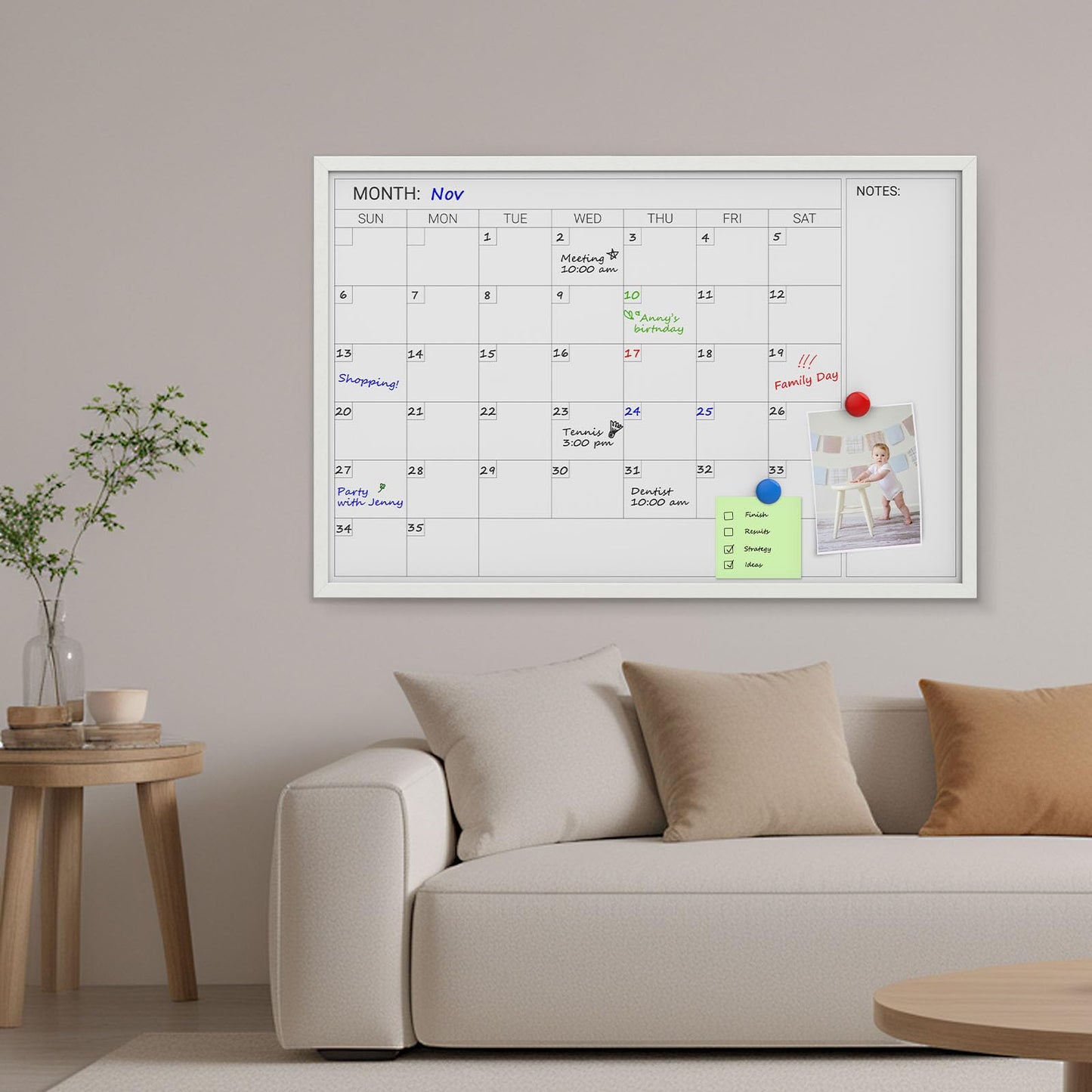 Comix Dry Erase Calendar for Wall, Magnetic Calendar Whiteboard with White Wood Frame, 36 * 24 inches Decorative Monthly Planner Board for Office, School, Home, Kitchen