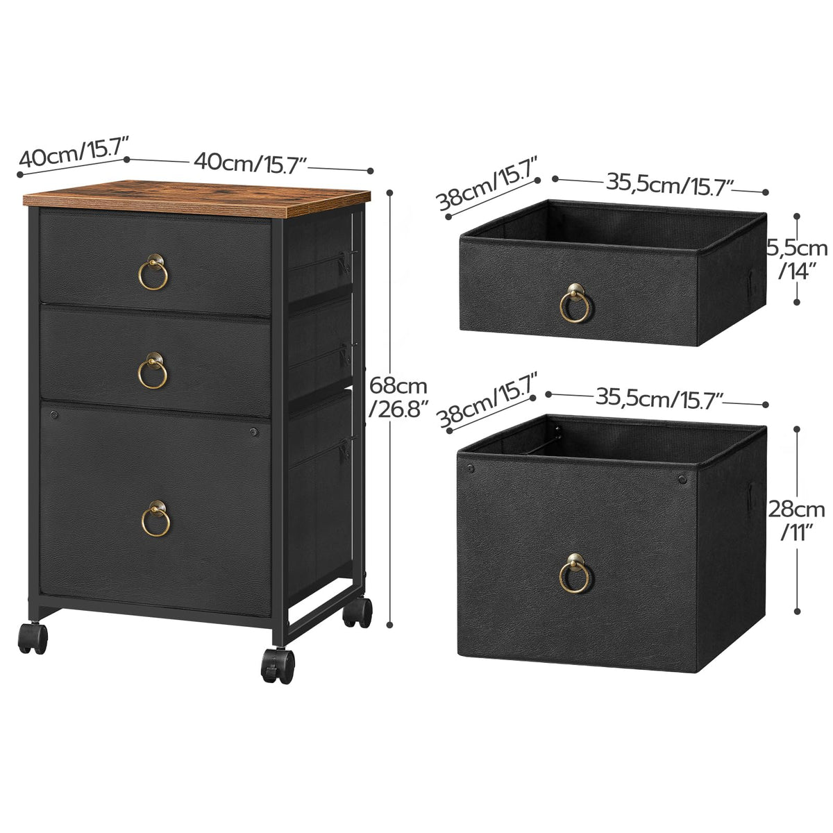 HOOBRO 3-Drawer Mobile File Cabinet, Vertical Filing Cabinet, Under Desk Storage Drawers for Home Office, Rolling Printer Stand, A4/Letter-Sized, Nonwovens Drawer, Rustic Brown and Black BFK30WJ01