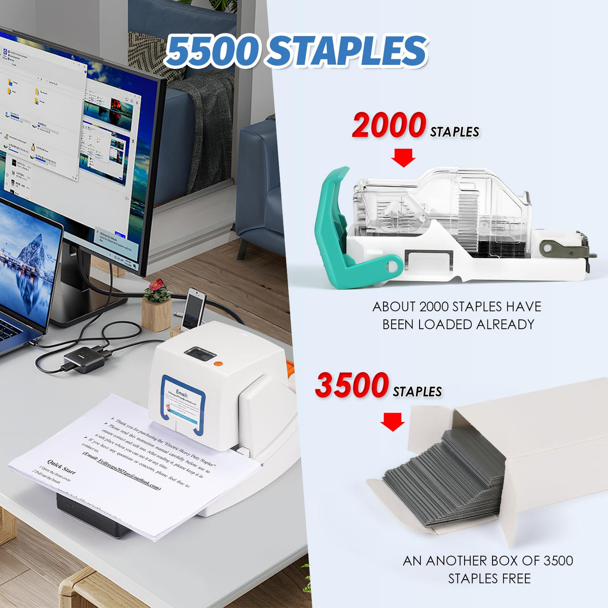 Frifreego Upgraded Electric Stapler, 65 Sheets Capacity, Binding Speed & Margin Adjustable, Automatic Heavy Duty Stapler Including 5500 Staples, Jam-Free