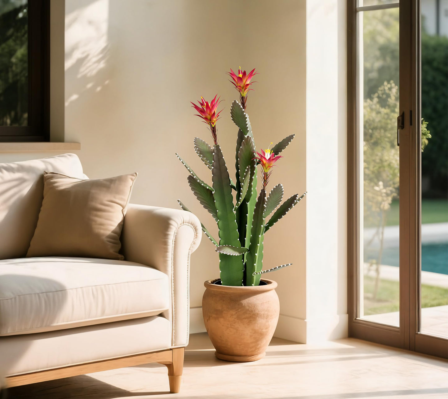 SUNPRAIRIE 33 Inch Large Artificial Cactus with Magenta Flowers in Pot with Natural Gravel. Satin Finish Leaves with Real Look and Feel. Outdoor and Indoor Faux Plants.