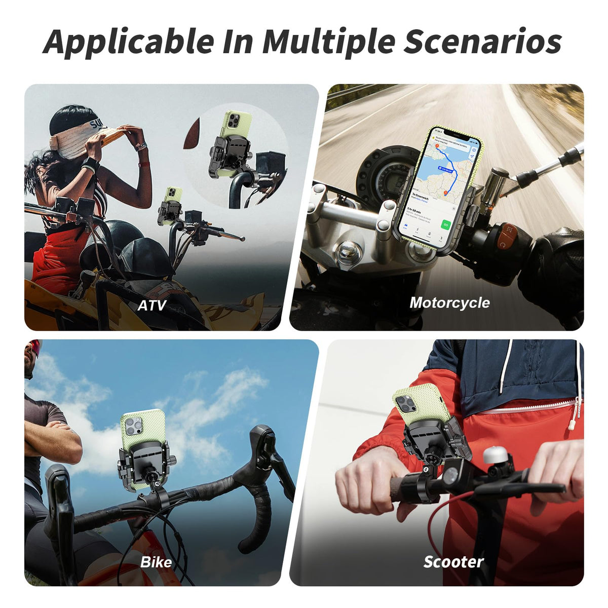 LOKTENWO Bike Motorcycle Phone Mount with Aluminum Alloy Mounting Base, [1s Lock & Release] [Camera Friendly] Bicycle Handlebar Cell Phone Holder for Scooter ATV, Fit 5.4-7.2" Smartphone
