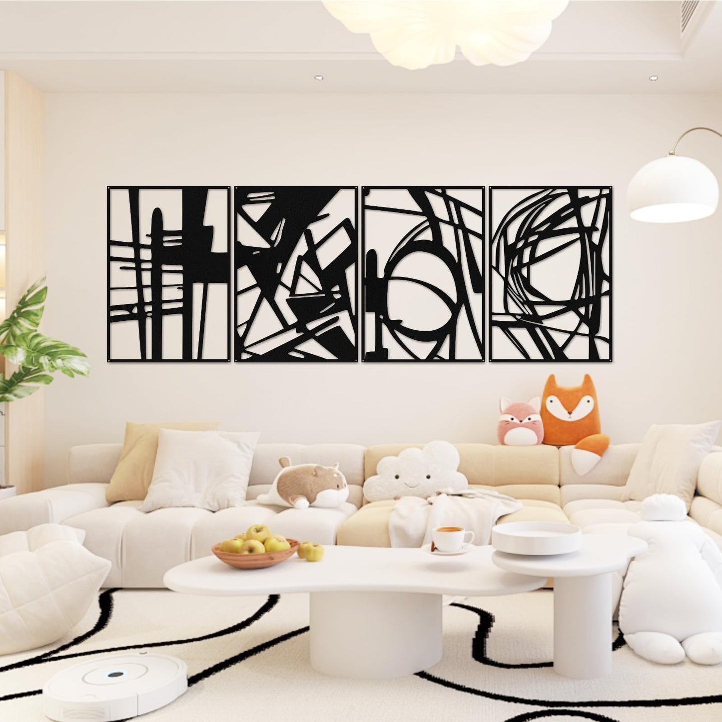 Quanqiuyi 4 Pack Black Abstract Metal Wall Art, 16'' x 11'' Minimalist Single Line Art, 3D Textured Wall Sculptures for Living Room, Bedroom, Bathroom, Study Room Decor