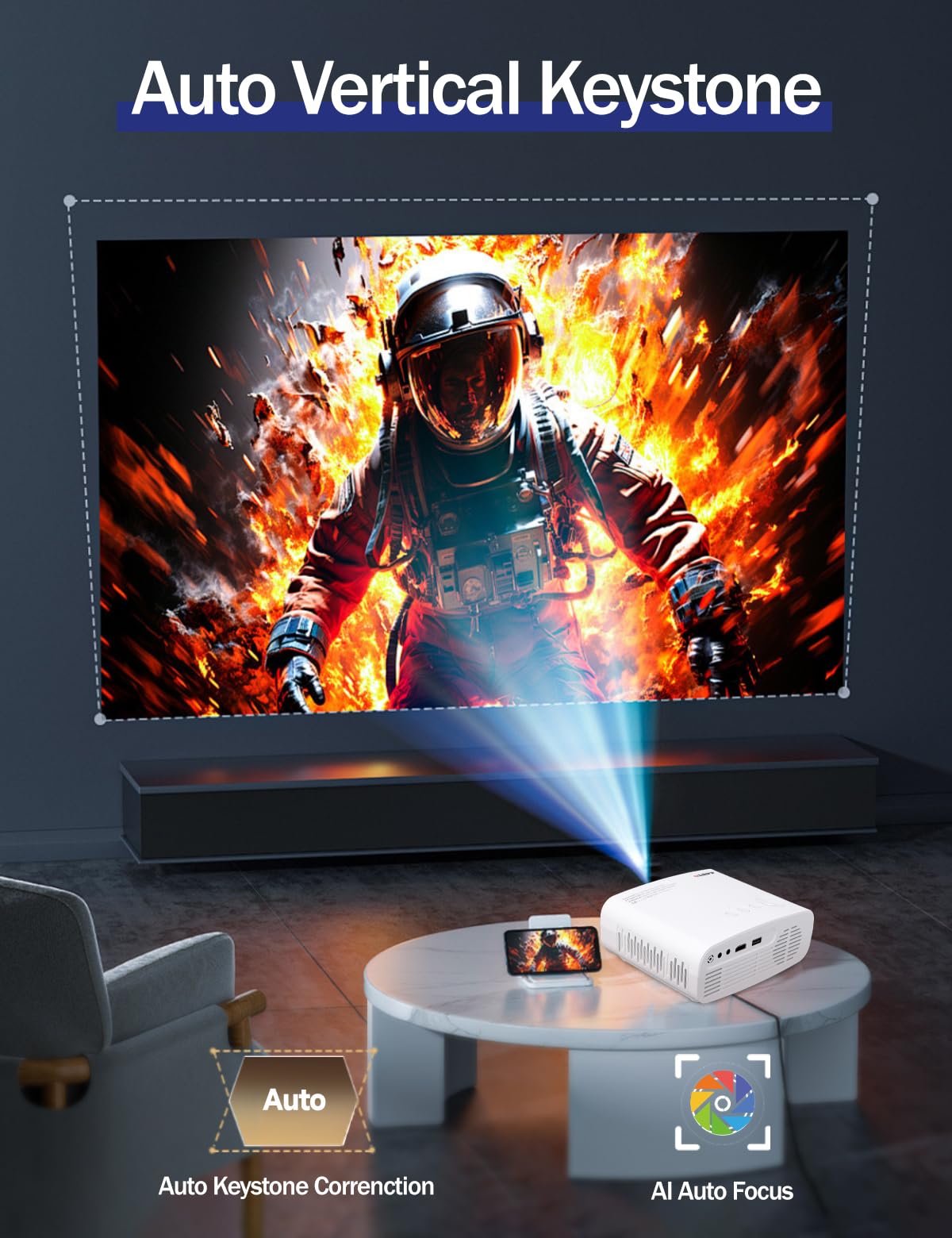 Mini Projector Wired with Bluetooth Audio, Native 720P Supports 4K, Electric Focus & Keystone, Dust-Proof Low Noise, HDMI/USB for Laptop/PC/Stick, for Home Office Classroom Meeting Outdoor Movie