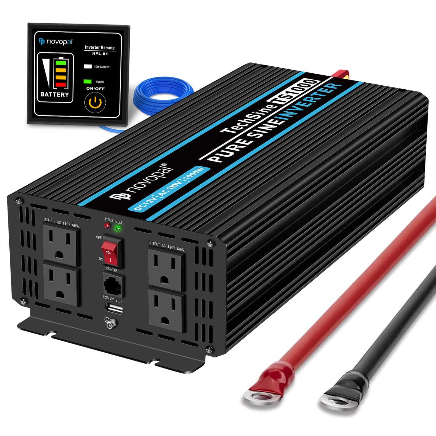 NOVOPAL 1000W Pure Sine Wave Power Inverter 1000 Watt 12V DC to 110V 120V AC,4 AC Outlets, 1 x USB Ports for Off-Grid Solar Car RV Truck Boat with 16FT Wired Remote