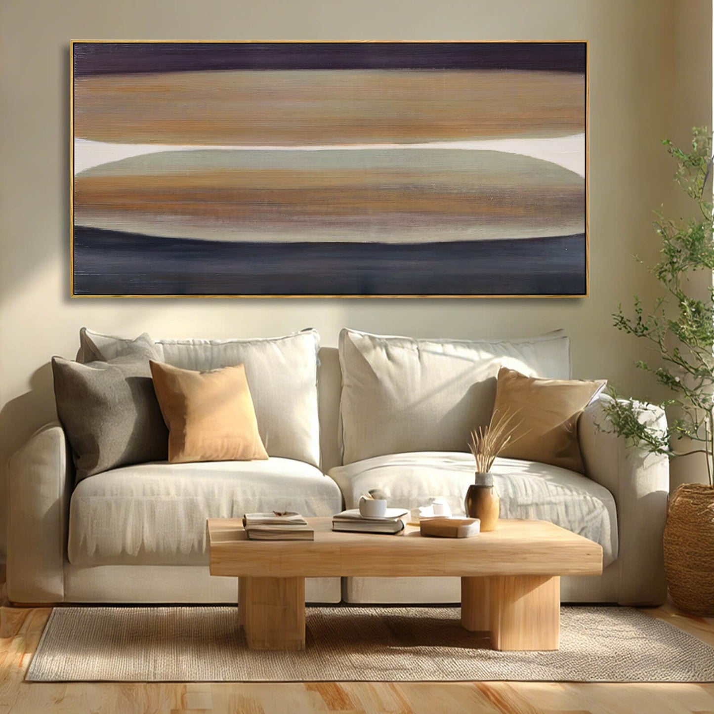 Neutral Brown and Black Abstract Wall Art 24x48 Inch, Large Framed Canvas Prints with Wooden Frame, Modern Minimalist Home Decoration for Bedroom Living Room or Office