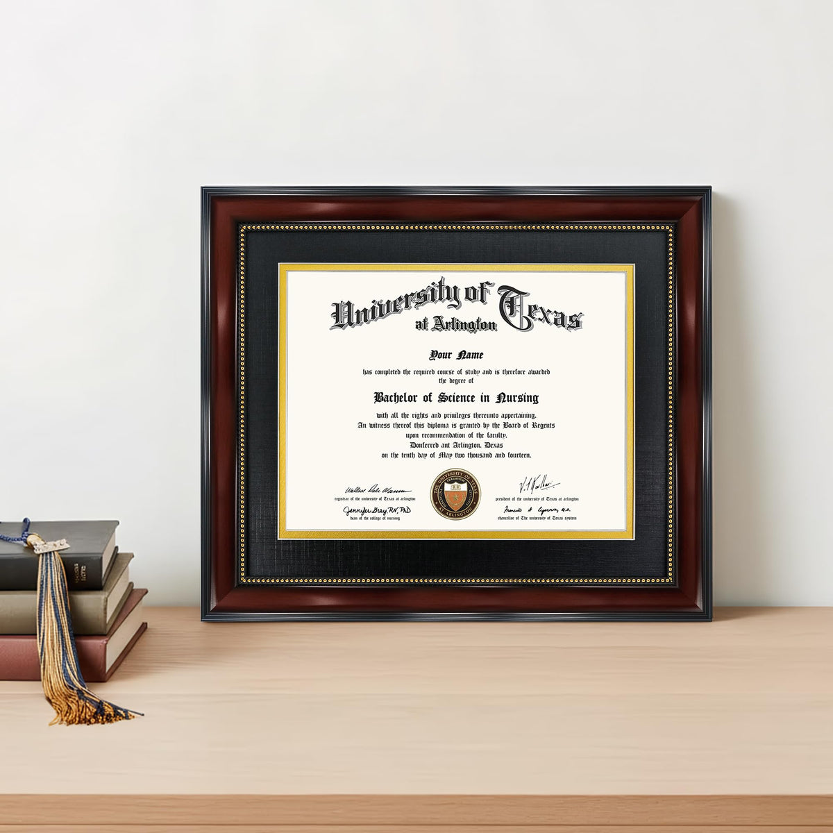 GraduationMall 8.5x11 Diploma Frame with Black over Gold Mat or Display 11x14 Document without Mat, UV Protection Acrylic, Mahogany with Gold Beads, Set of 2