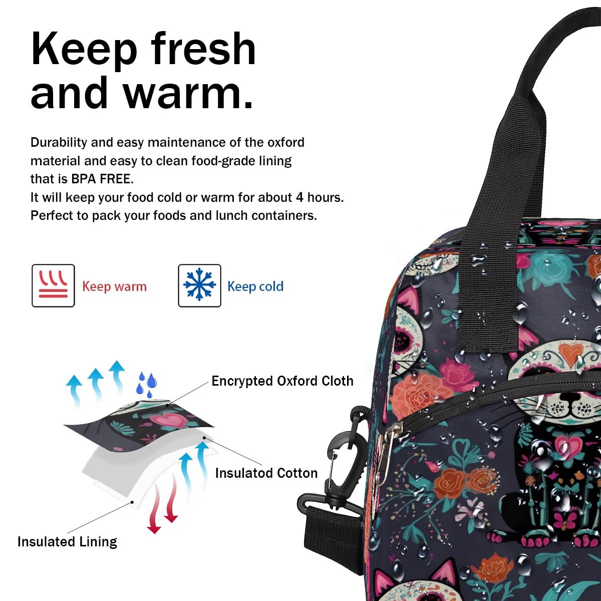 UOYO Lunch Bag Sugar Skull Flower Cat Lunchbox Organizer Insulated Waterproof Men Women Tote Cooler Handbag Adjustable Shoulder Strap for kids Girls Boys School Office Picnic