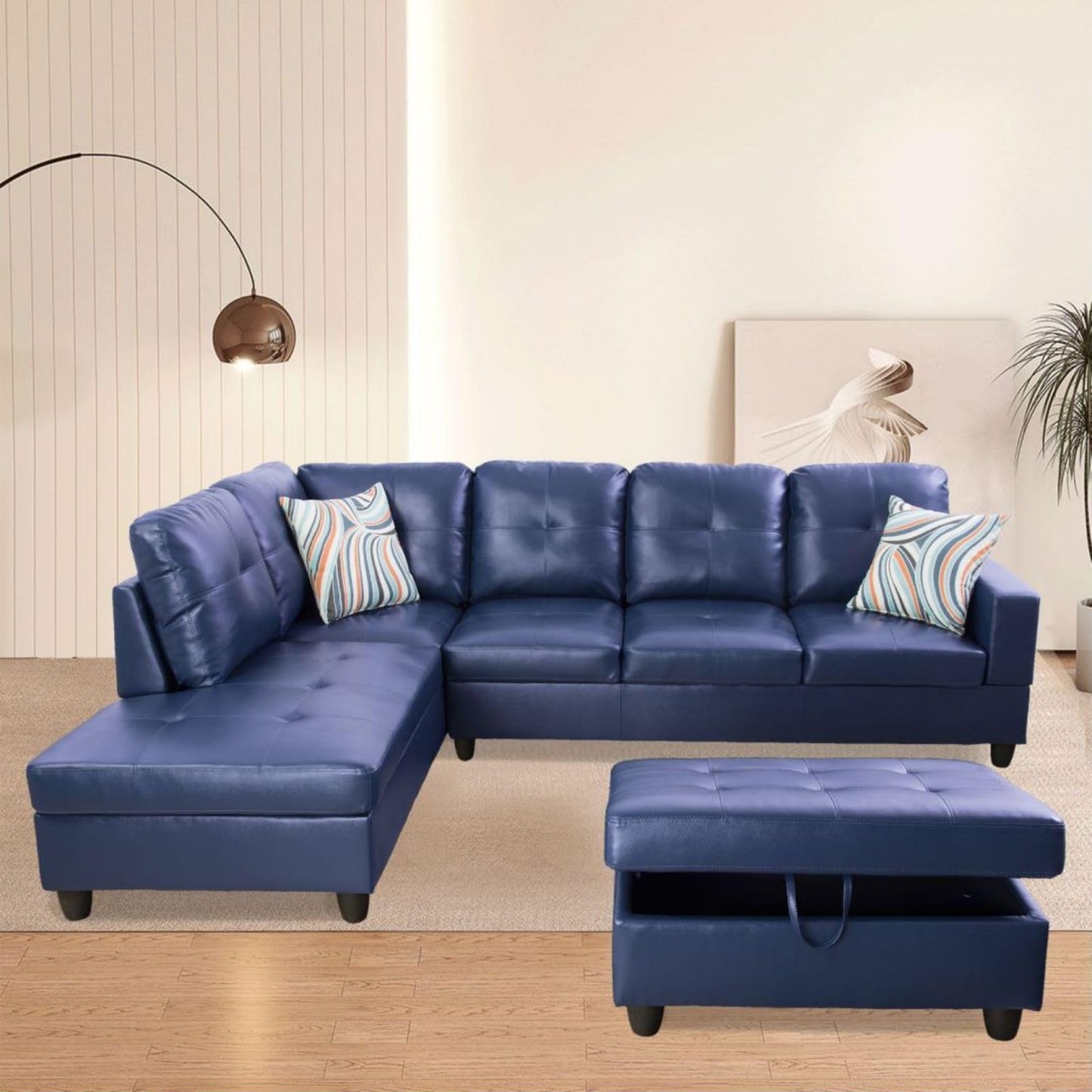 UOCFYK L-Shaped 3-Piece Semi PU Synthetic Leather Sofa with Storage Ottoman Set, Sectional Couch Sofa Set for Living Room, Office, Small Space, Blue