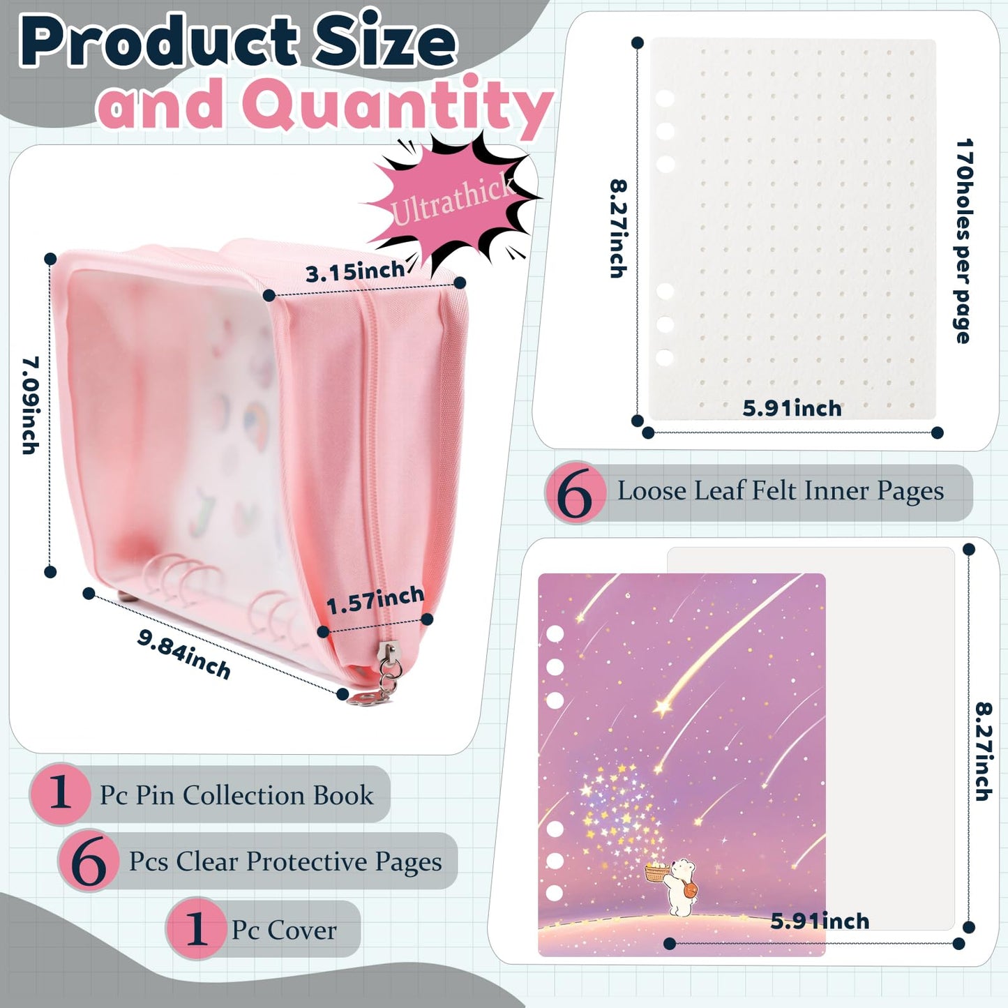 Extra Thick Pin Binder for Collectors A5 Enamel Pin Book Felt Display Boards & Protect Pages Brooch Pin Collector Bag Loose Leaf Pin Trading Binder Travel Trading Pin Holder Pin Storage Organizer Pink