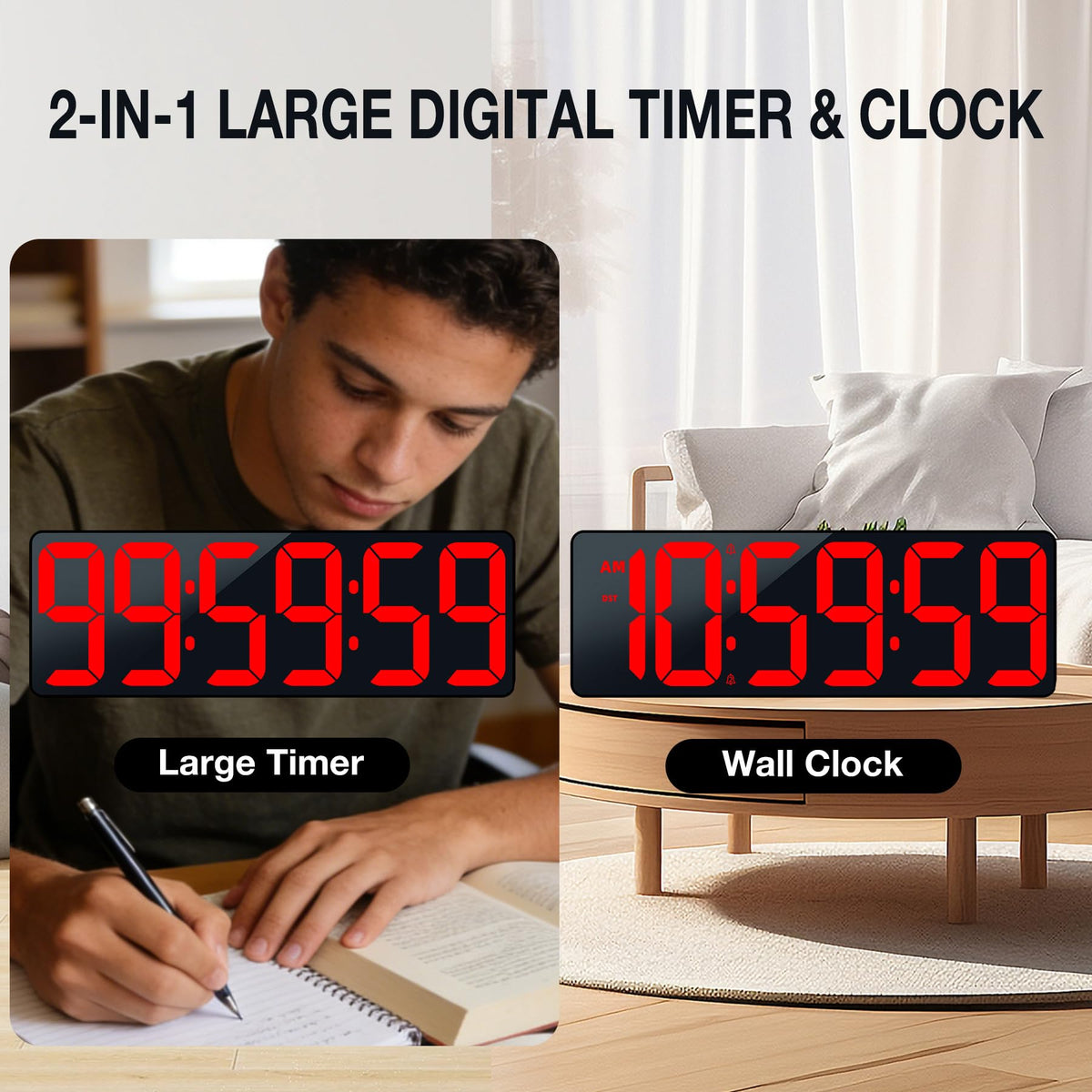 SJJSKY 17.2" Large Digital Timer Wall Clock with Remote Control, Count Down Up Digital Timer, Auto DST LED Big Digital Clock for Bedroom Kitchen Living Room Office Gym Home Decor, Red