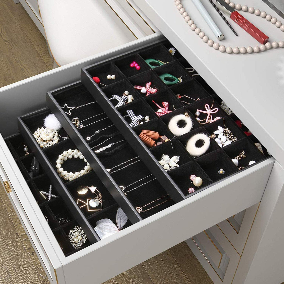 Black Velvet Stackable 36 Compartments Jewelry Tray Showcase Display Organizer Holder Rectangle Storage Box Case Containers Chest for Women Gemstone,Pendant,Key,Marble,Crystal Stone,Accessory,Diamond
