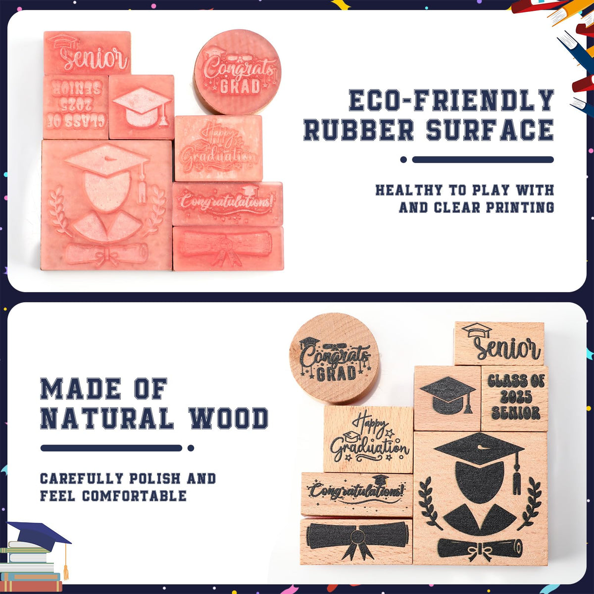 Supervitae 8 Pcs Graduation Rubber Stamps Set Wooden Rubber Stamps Graduation Season Vintage Wooden Rubber Art Stamps for Crafting and DIY Scrapbooking Card Making Hand Book