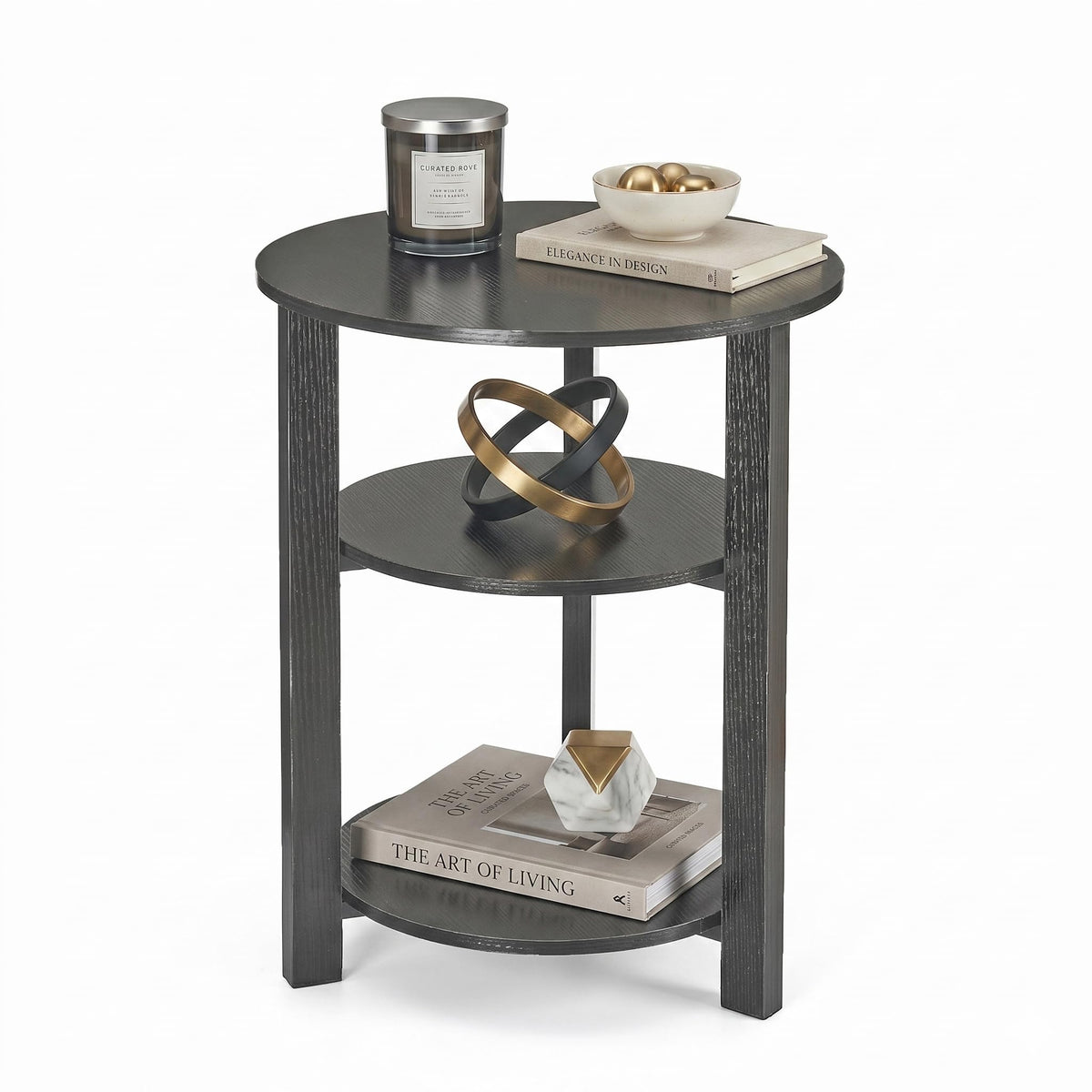 ZEXVIDA Farmhouse 3-Tier Round Side Table, 17.7*21.7Inch End Table with Open Storage,Modern Bedside Couch Accent Table for Living Room, Bedroom, Office，Wooden Table for Narrow and Small Spaces, Black
