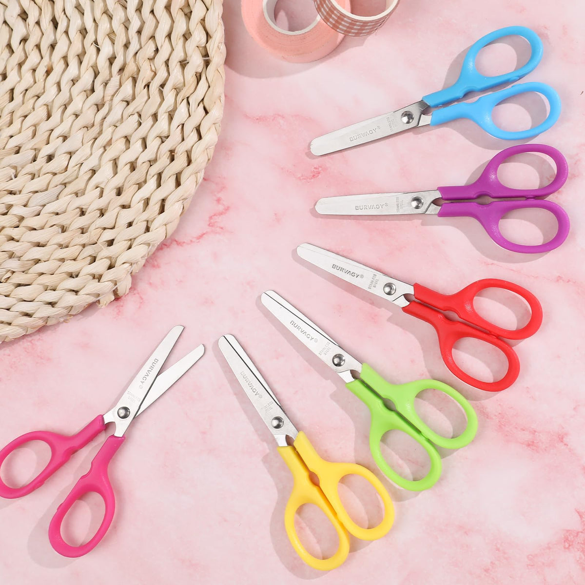 BURVAGY 180Pack 5" Small School Student Blunt Kids Craft Scissors, Sharp Stainless Steel Blades Safety Toddler Kid Child Comfort Grip Scissors Bulk for Children Cutting Paper