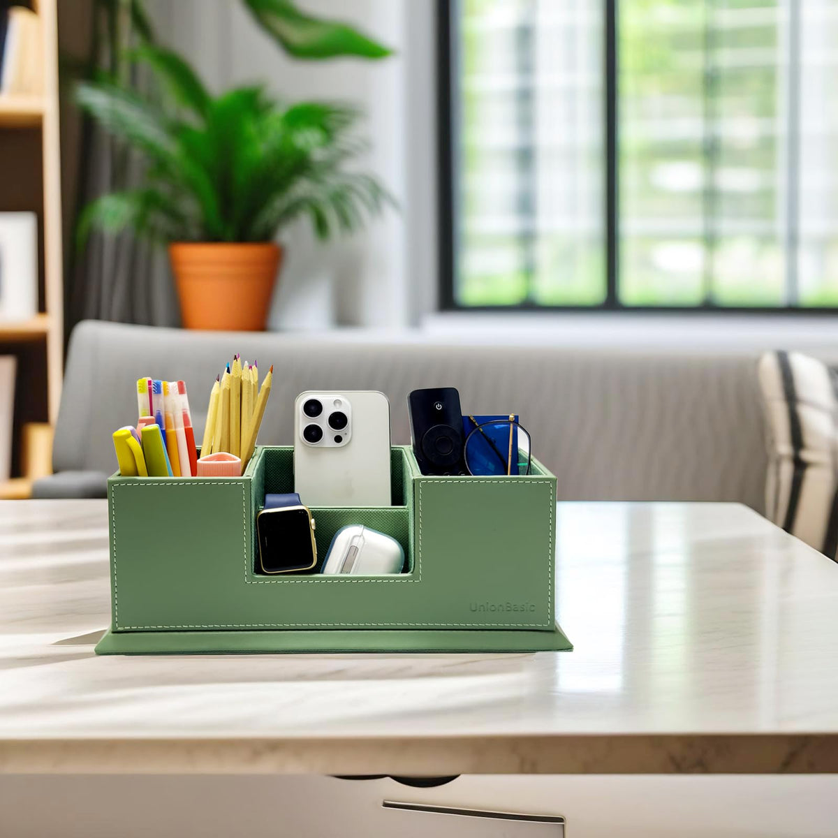 UnionBasic Desk Organizer, Desktop Caddy Leather Multi-compartment Pen Holder Office Stationer Organizer, Malachite Green