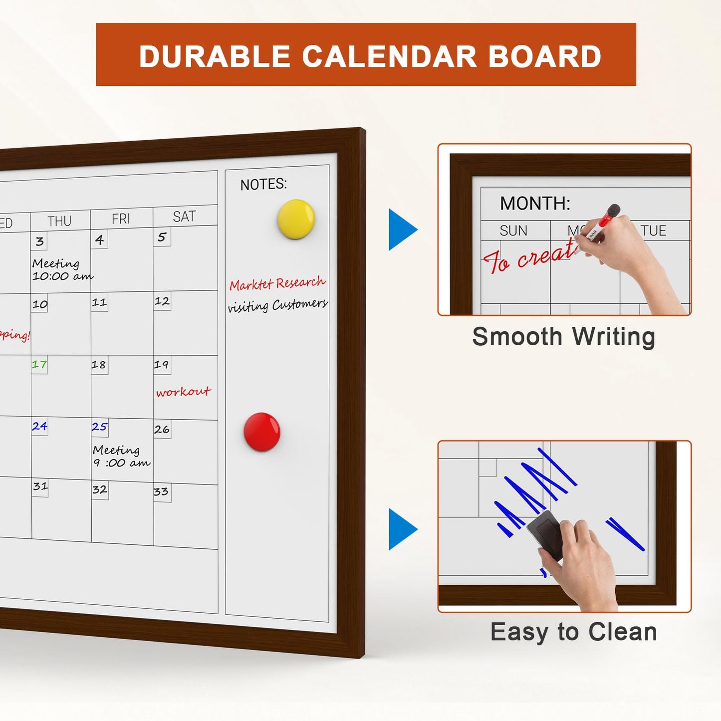 Comix Dry Erase Calendar Whiteboard for Wall, Magnetic Dry Erase White Board with Brown Wood Frame, 24 * 18 inches Decorative Planner Board for Office, Kitchen, School, Home