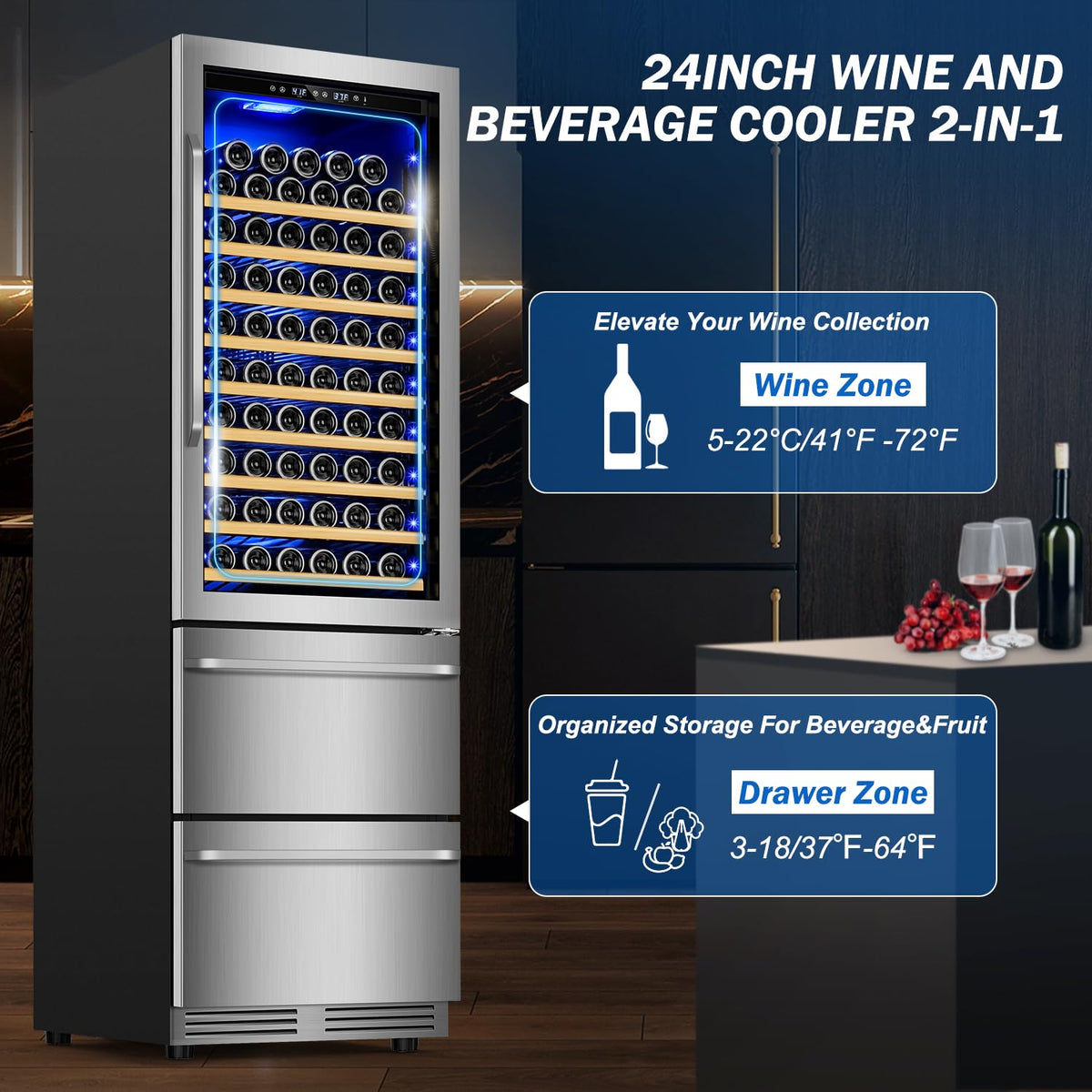 Velivi 24 Inch Wide Wine and Beverage Refrigerator With Dual Drawer, 2 IN 1 Dual Zone Wine Cooler, Built-In or Freestanding Beverage Fridge, for Home Bar Kitchen, Hold Up To 107 Bottles and 149Cans